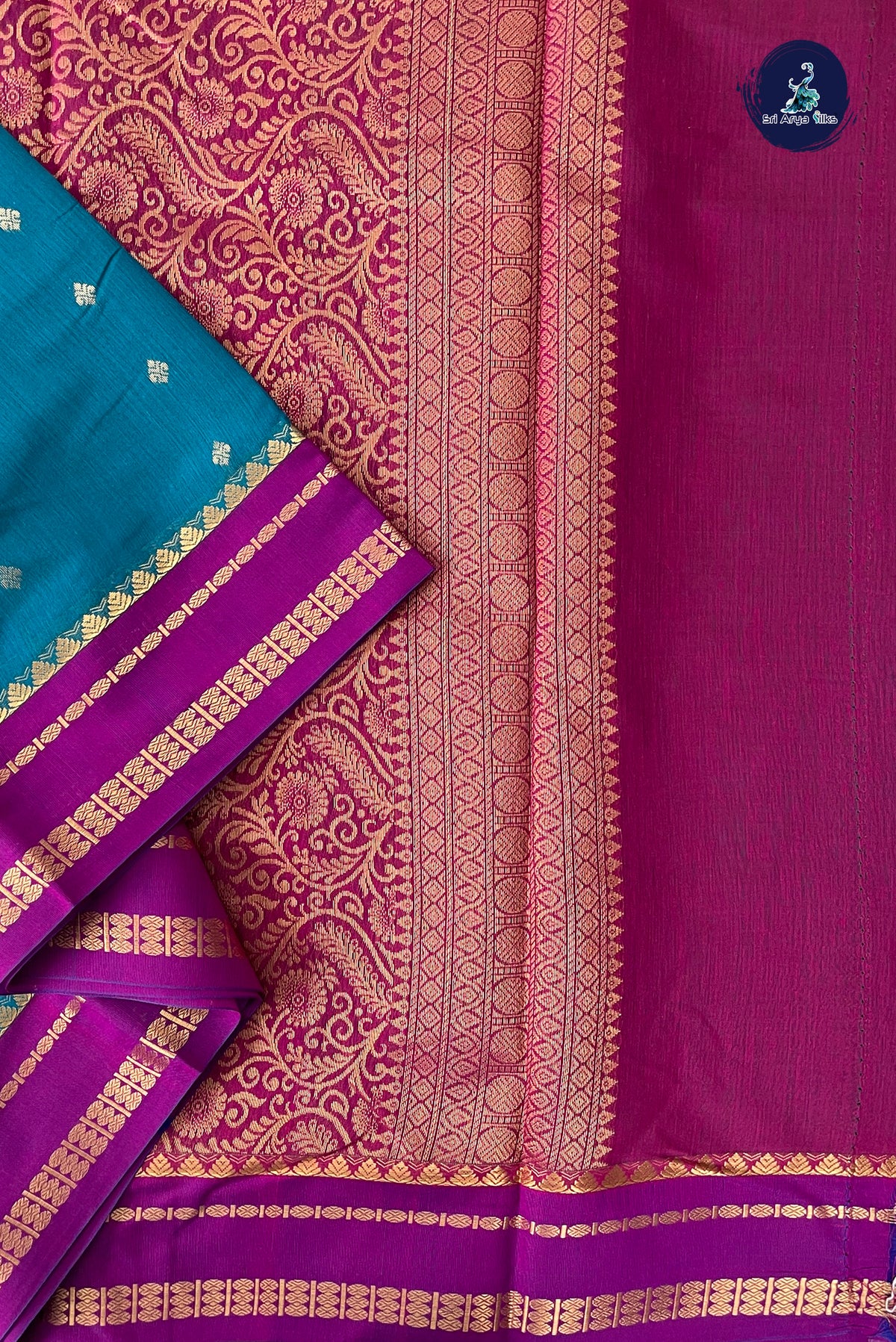 Teal Madisar Semi Silk Cotton Saree With Zari Buttas Pattern
