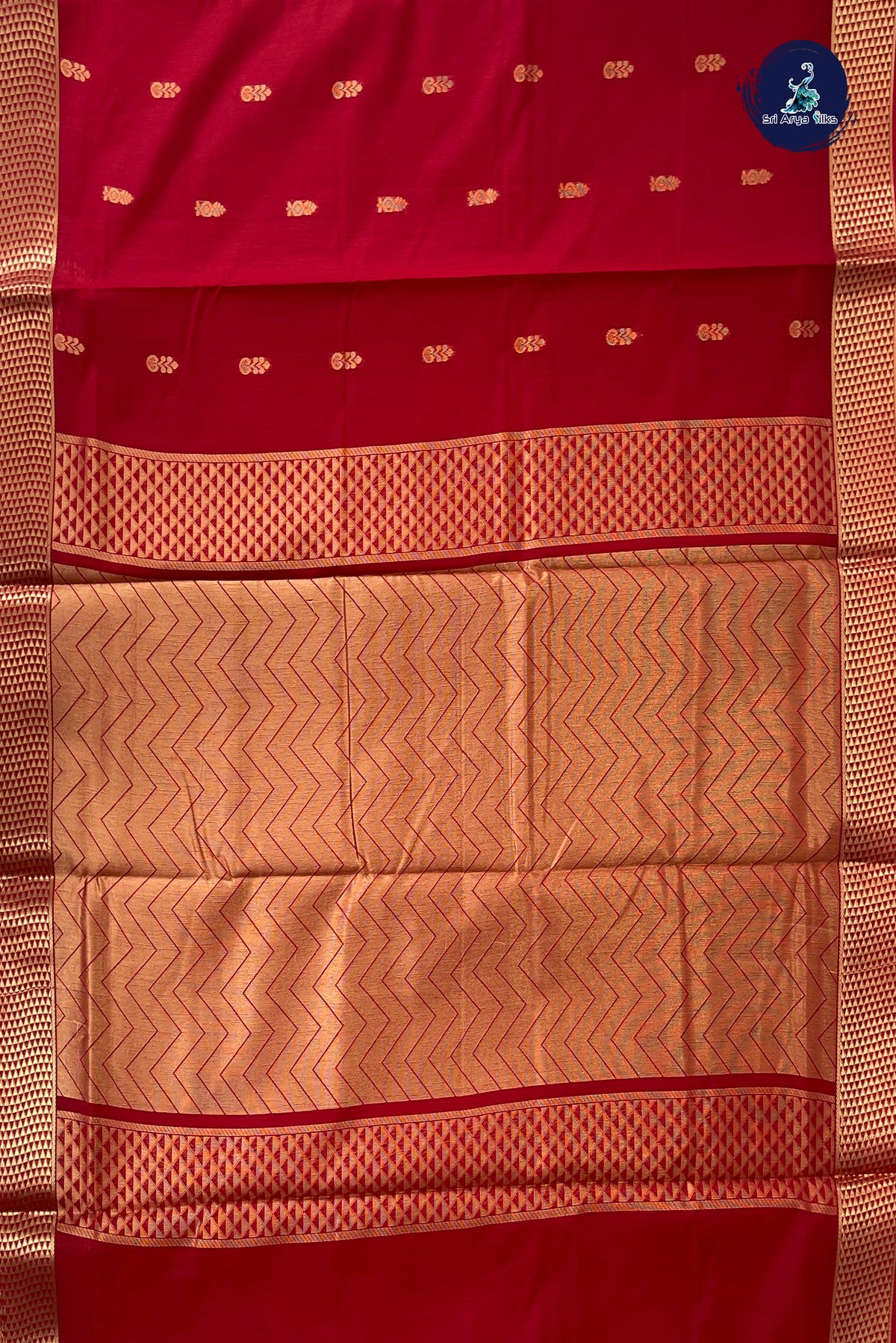Red Madisar Semi Silk Cotton Saree With Zari Buttas Pattern
