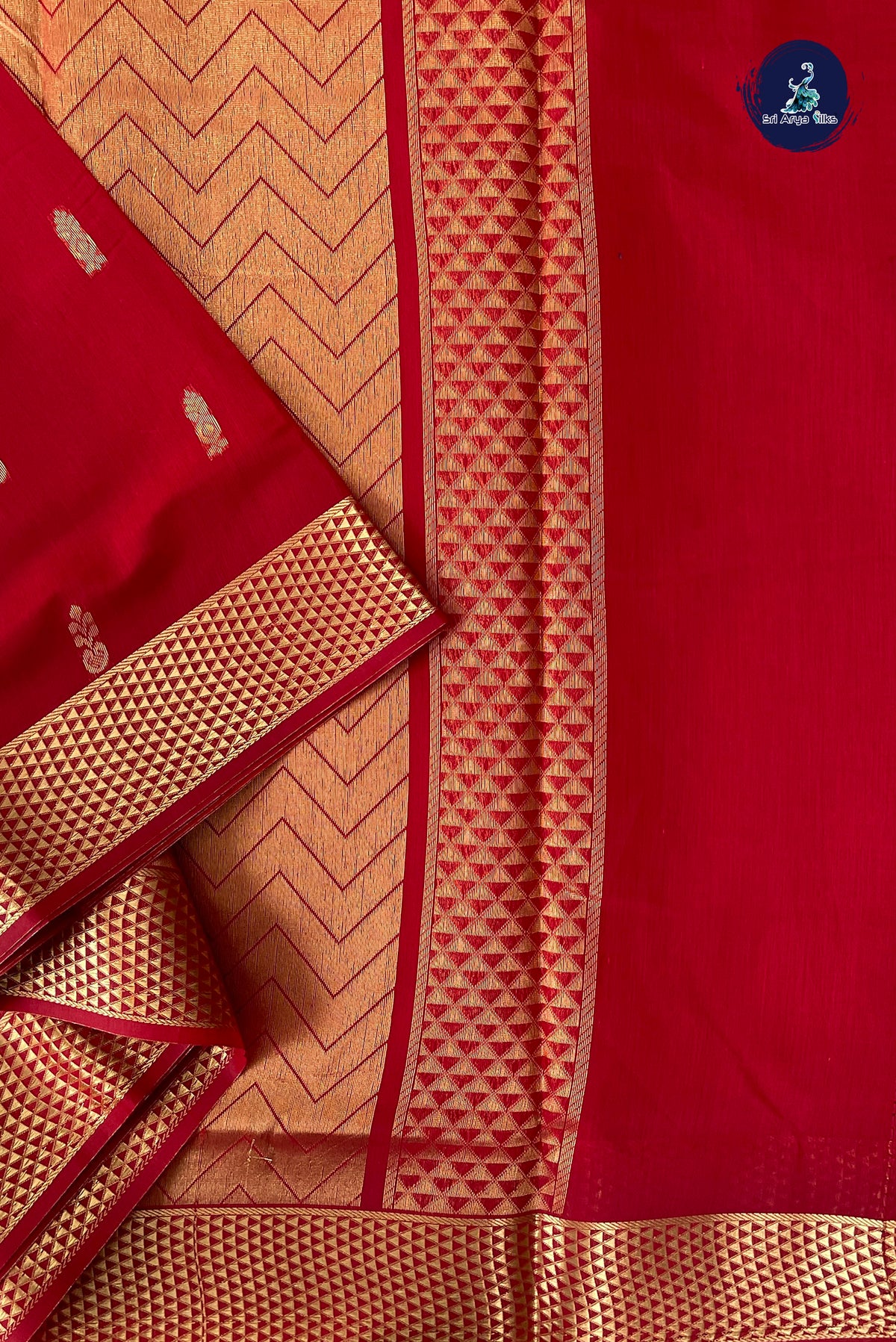 Red Madisar Semi Silk Cotton Saree With Zari Buttas Pattern