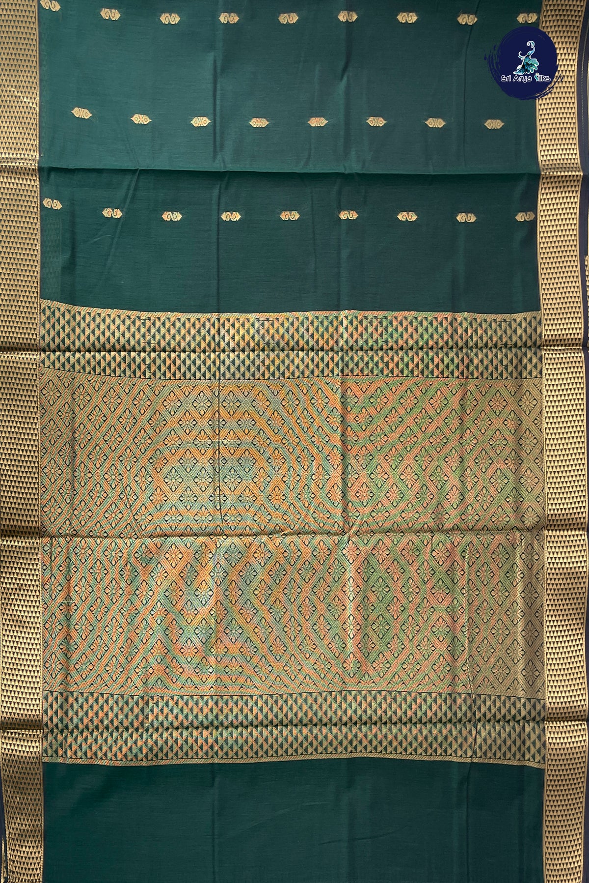 Bottle Green Madisar Semi Silk Cotton Saree With Zari Buttas Pattern