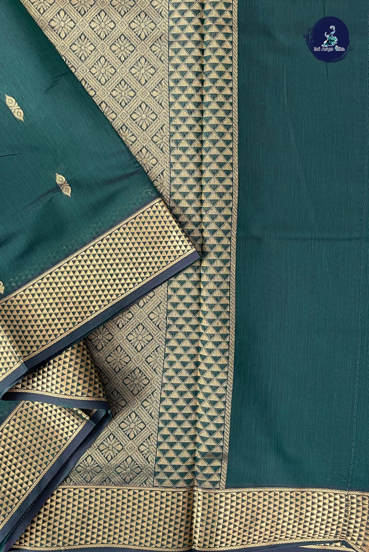 Bottle Green Madisar Semi Silk Cotton Saree With Zari Buttas Pattern