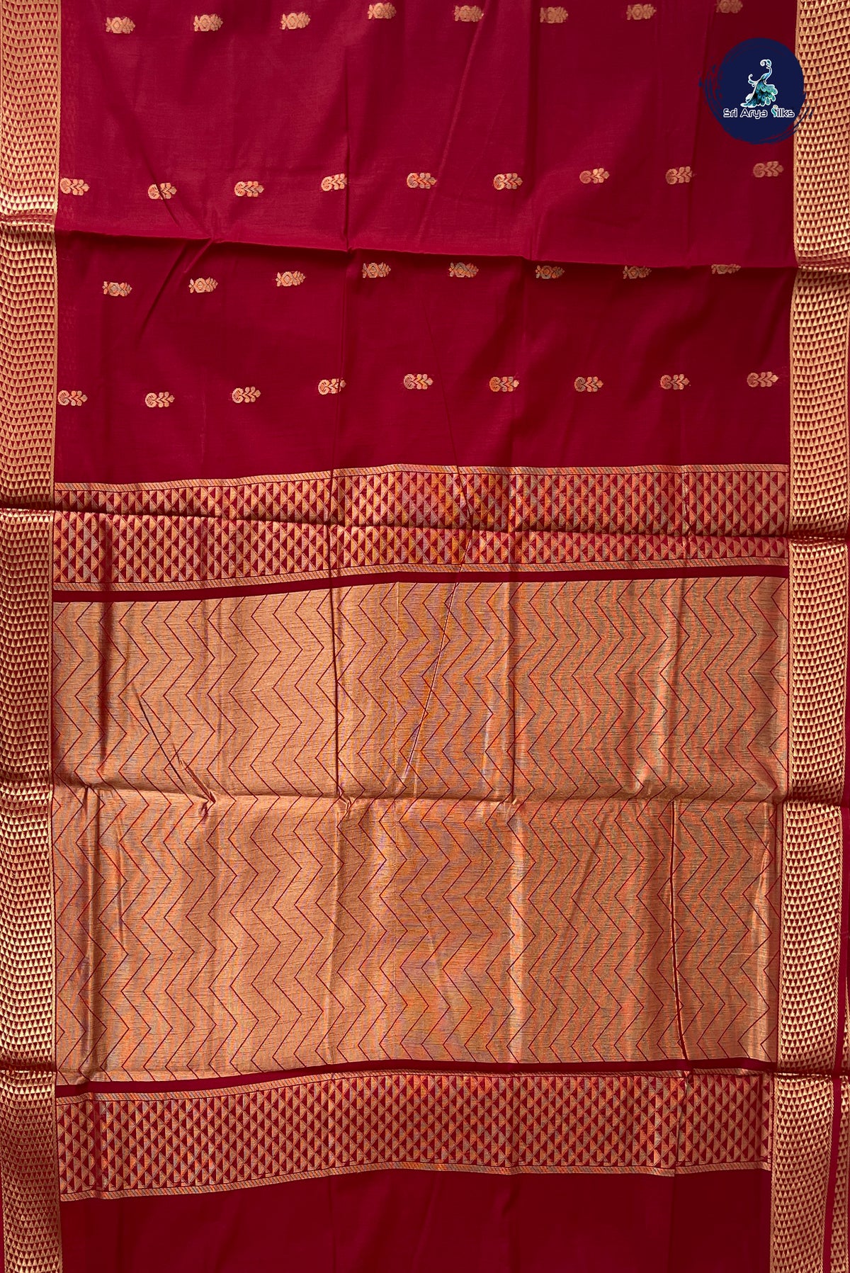 Maroon Madisar Semi Silk Cotton Saree With Zari Buttas Pattern