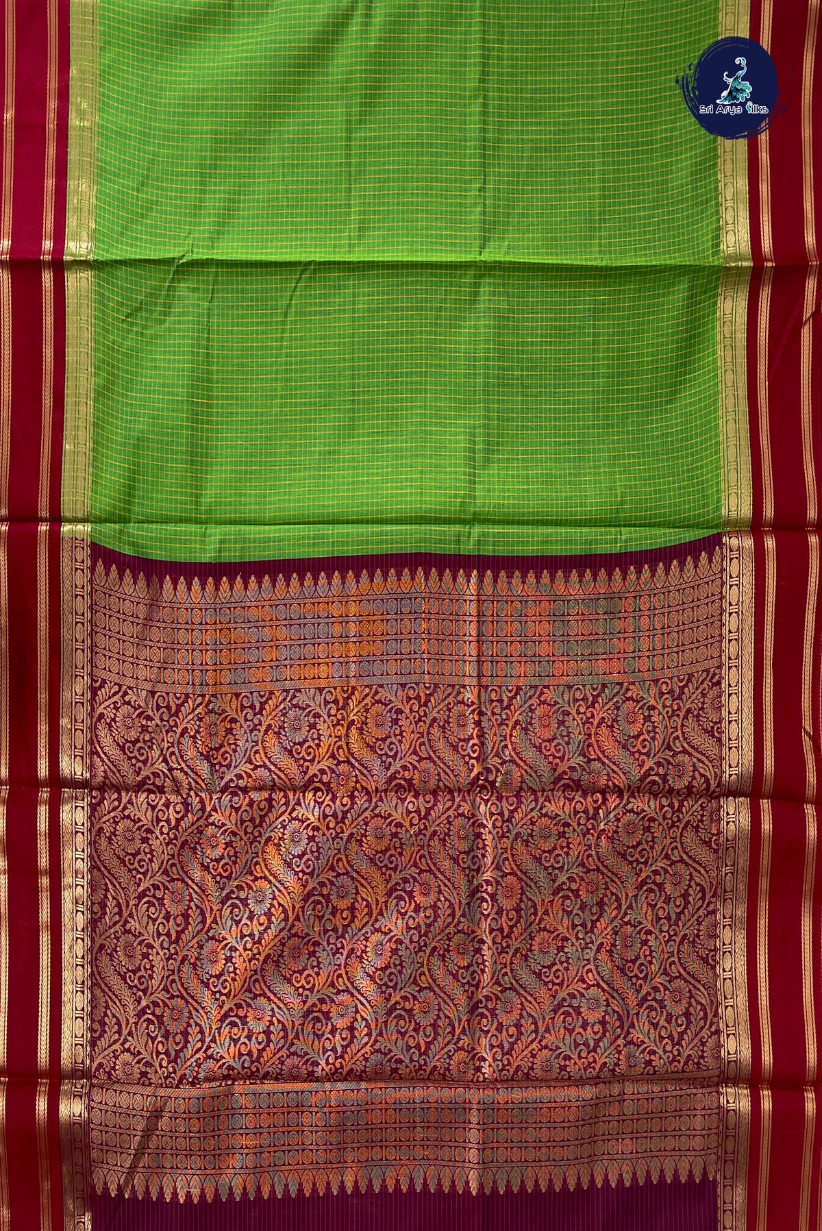 Parrot Green Madisar Semi Silk Cotton Saree With Checked Pattern
