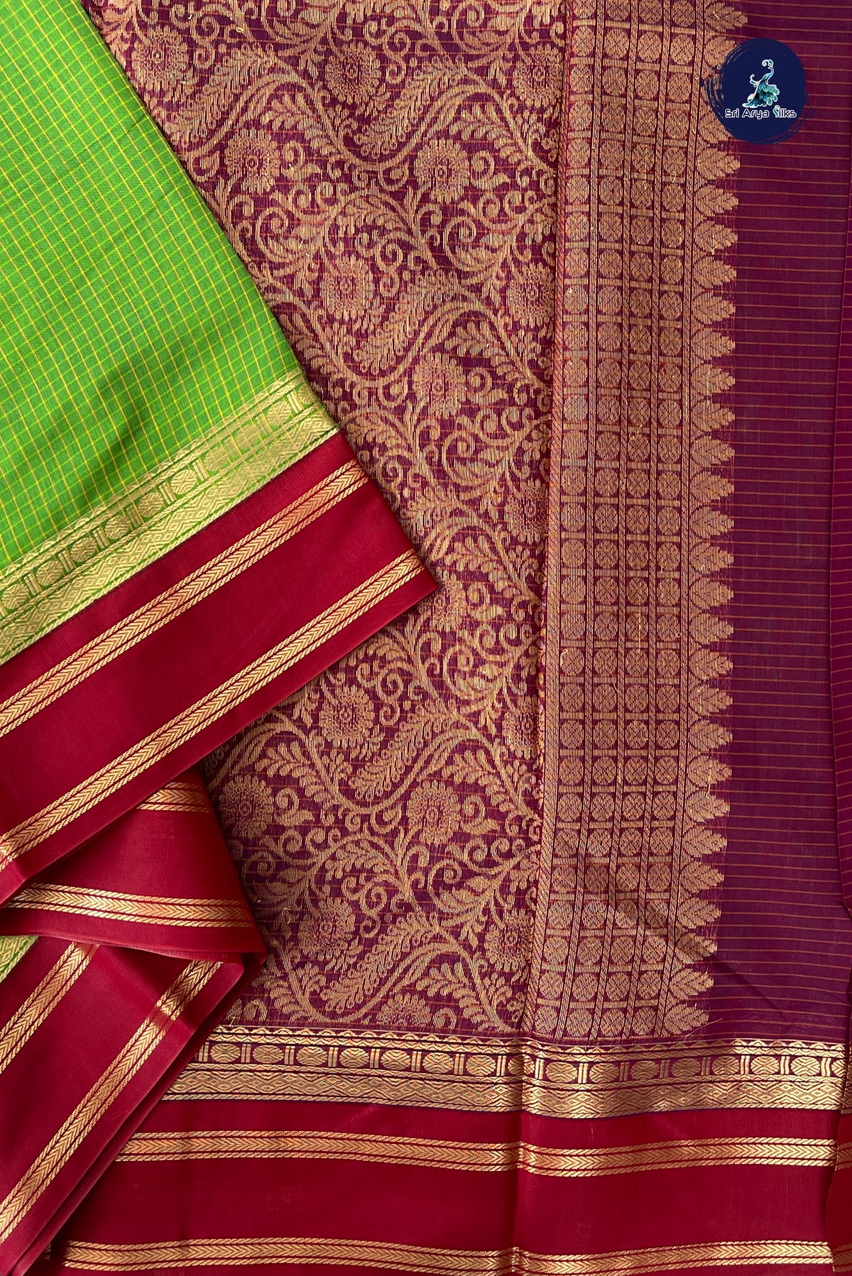 Parrot Green Madisar Semi Silk Cotton Saree With Checked Pattern