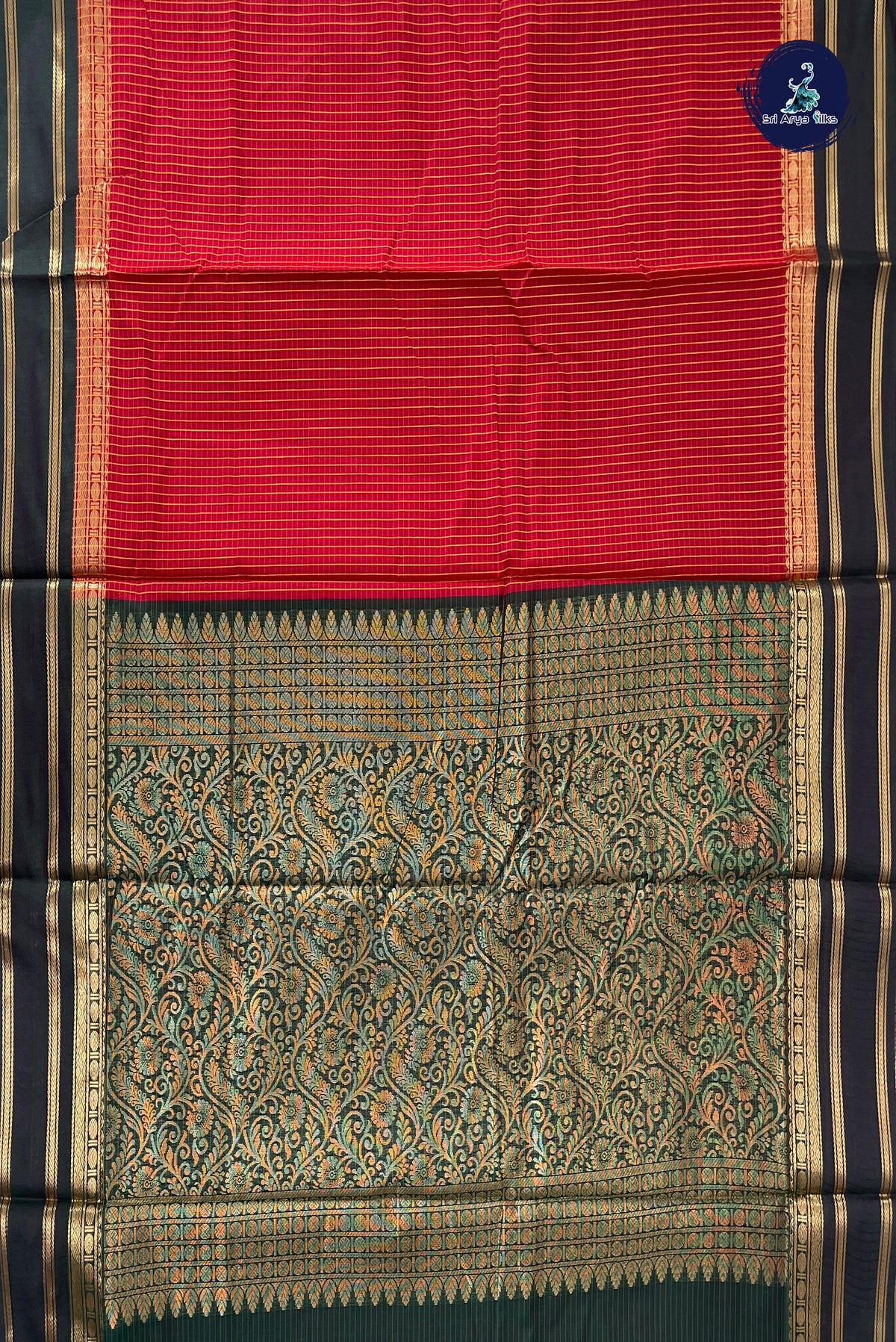 Red Madisar Semi Silk Cotton Saree With Checked Pattern