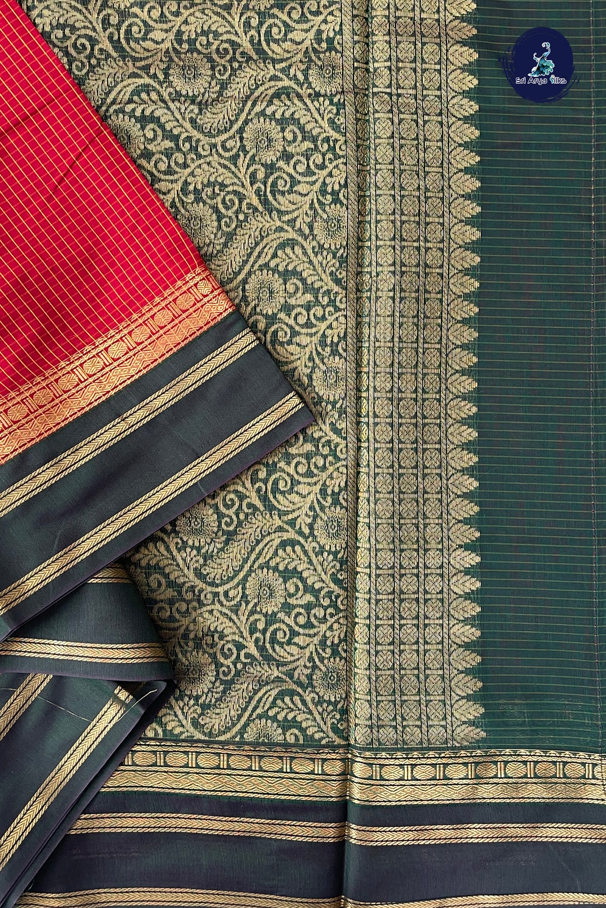 Red Madisar Semi Silk Cotton Saree With Checked Pattern