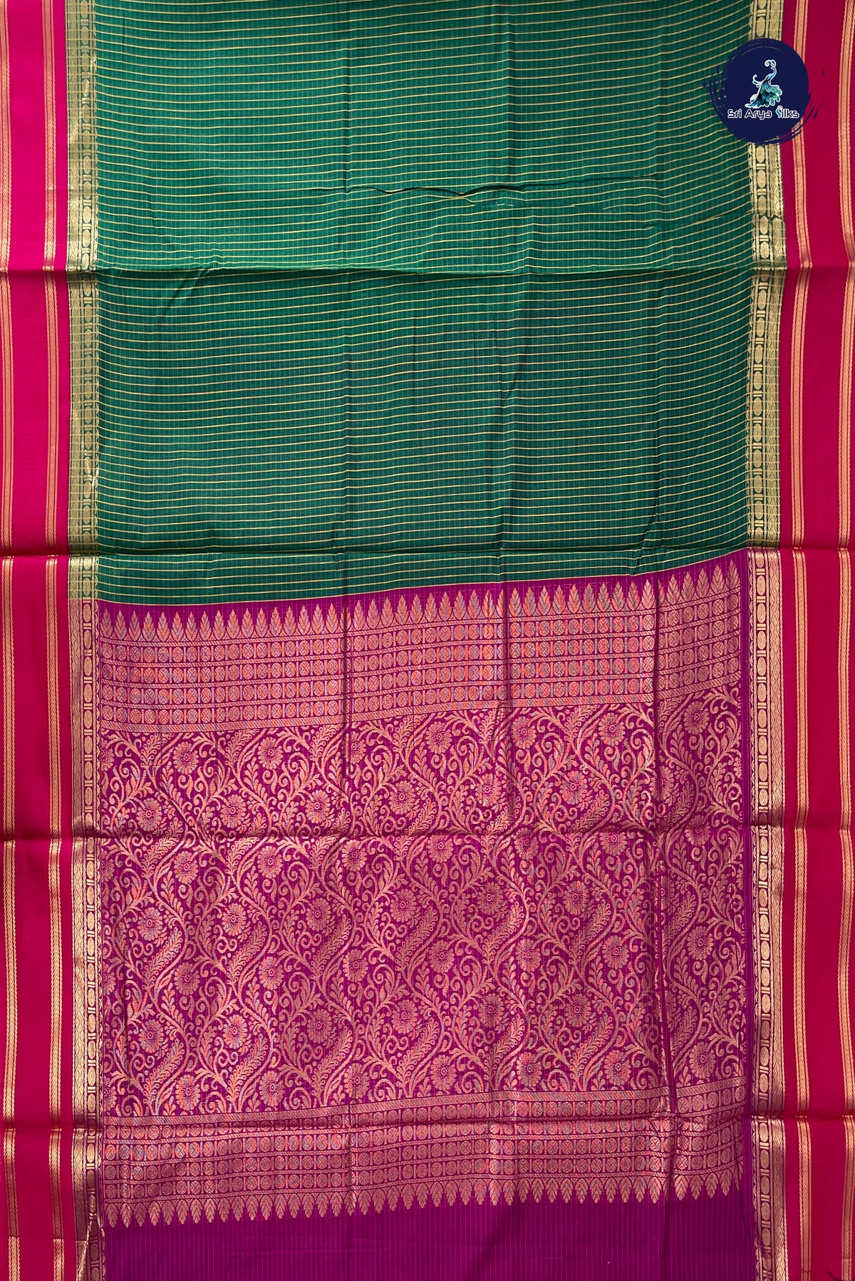 Green Madisar Semi Silk Cotton Saree With Checked Pattern