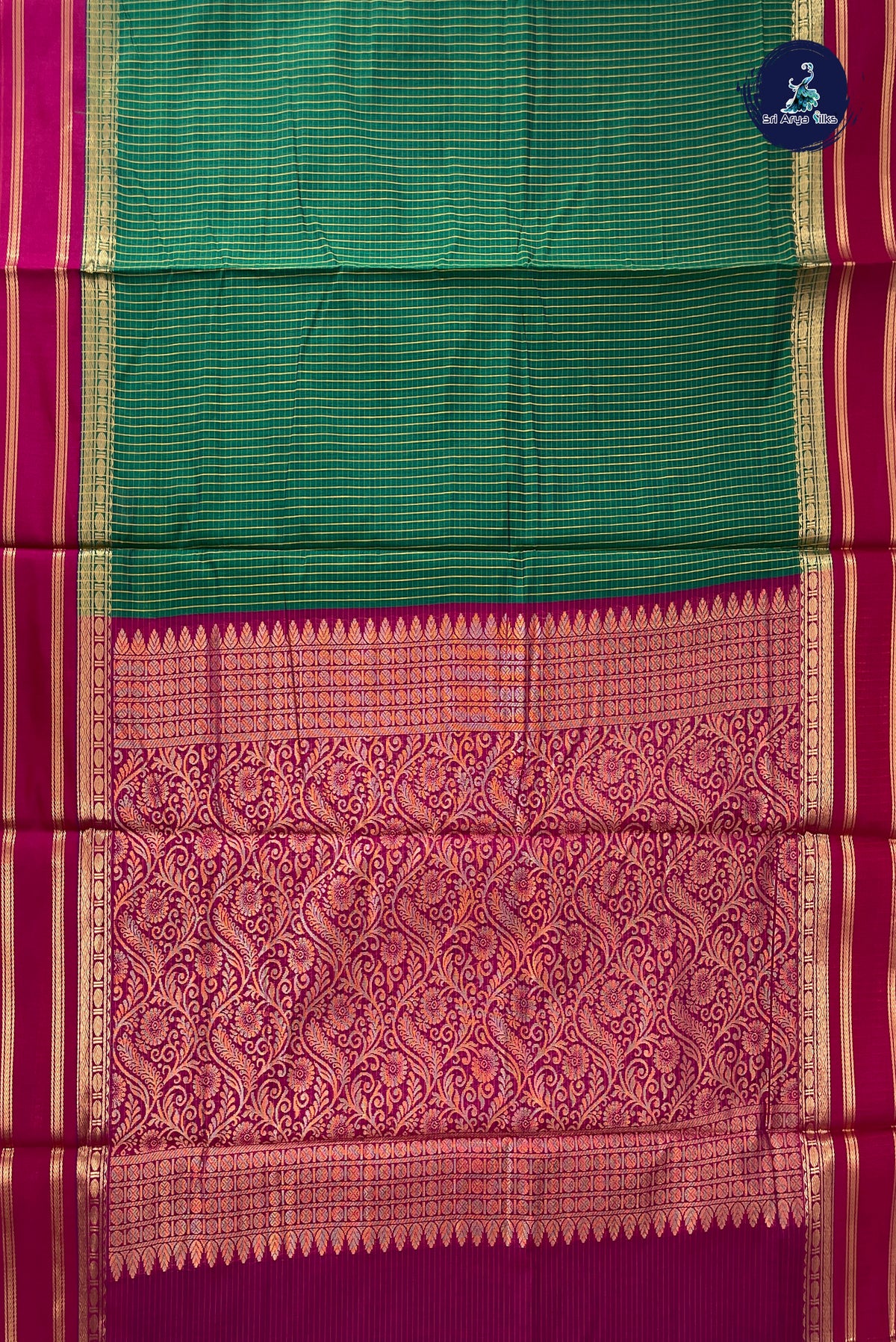 Green Madisar Semi Silk Cotton Saree With Checked Pattern