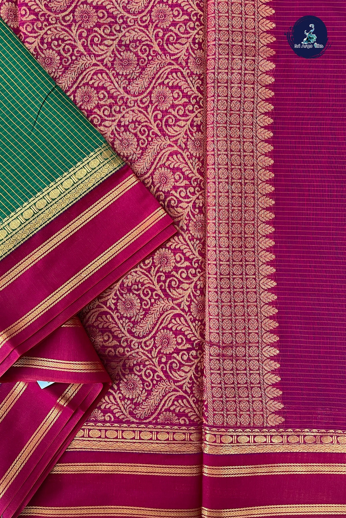 Green Madisar Semi Silk Cotton Saree With Checked Pattern