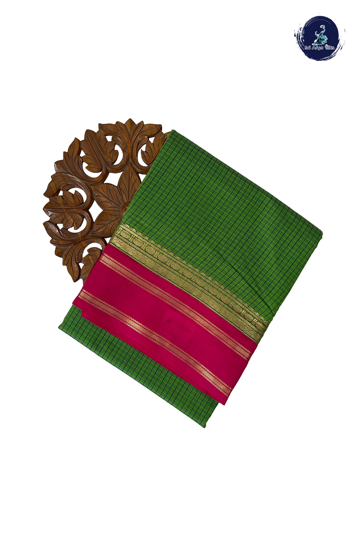 Parrot Green Madisar Semi Silk Cotton Saree With Checked Pattern