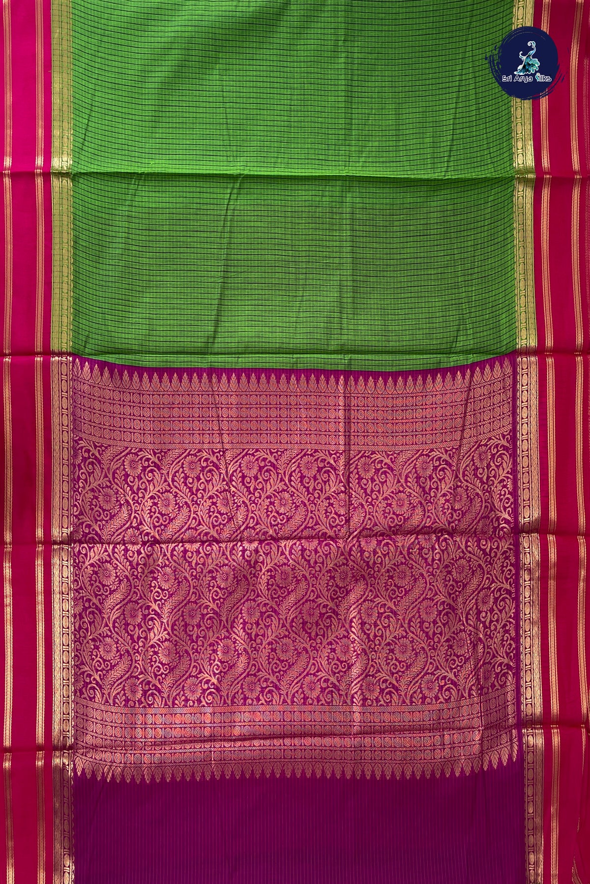 Parrot Green Madisar Semi Silk Cotton Saree With Checked Pattern