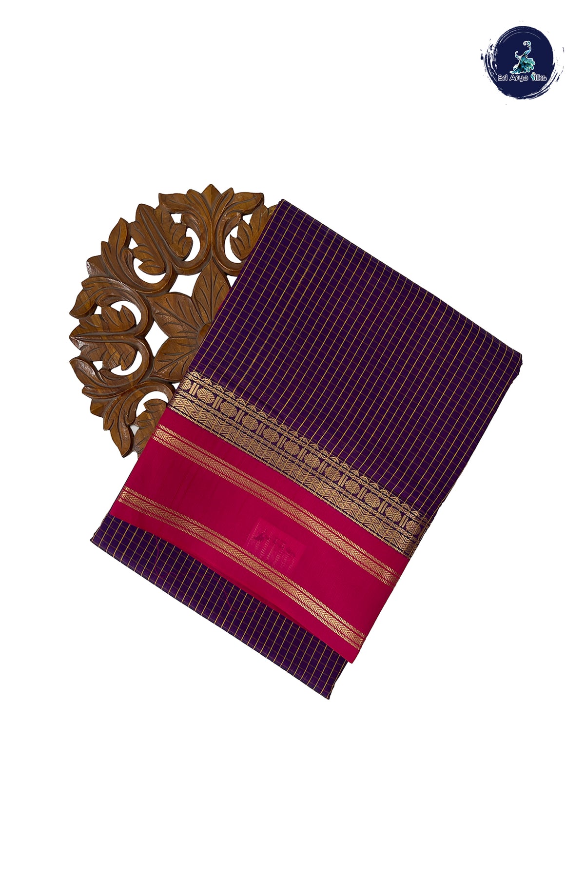 Dark Brinjal Madisar Semi Silk Cotton Saree With Checked Pattern