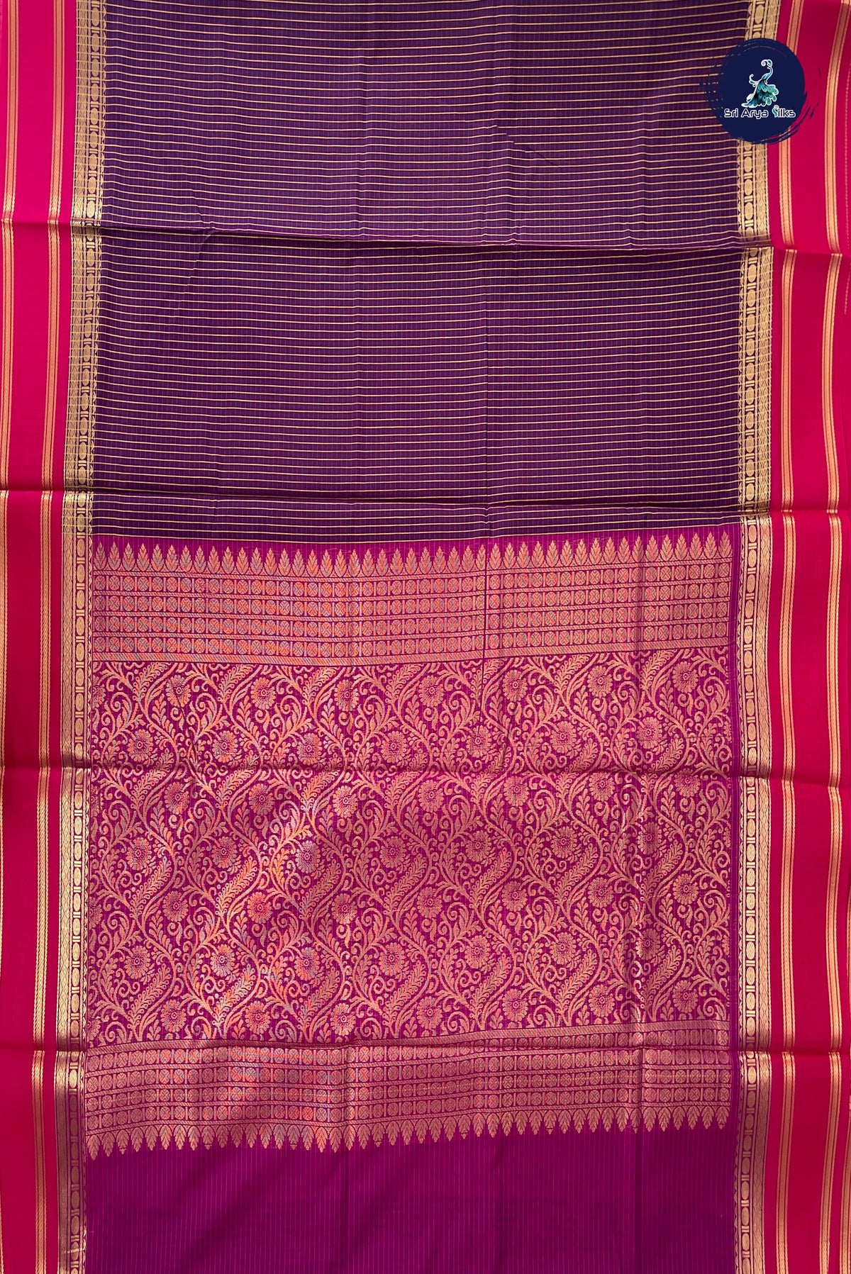 Dark Brinjal Madisar Semi Silk Cotton Saree With Checked Pattern