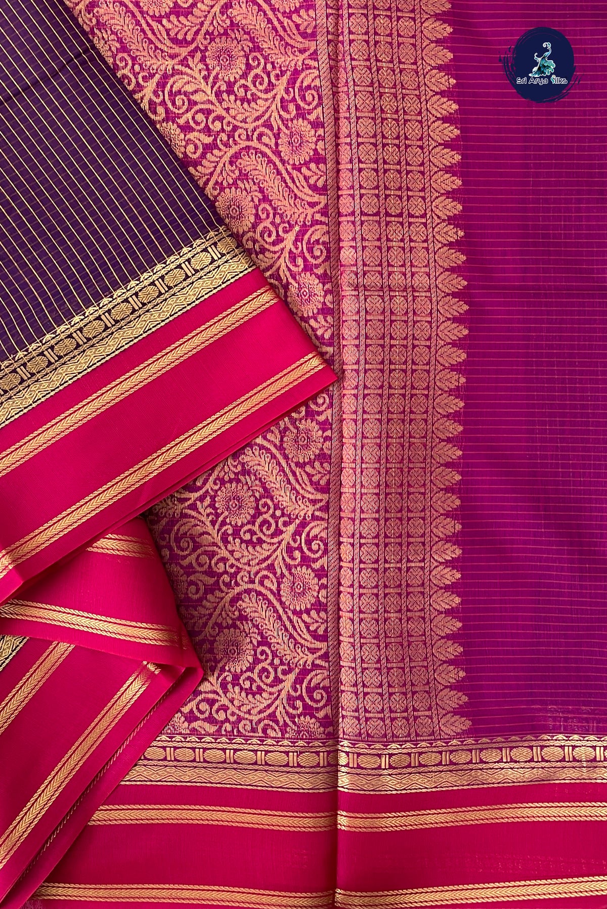 Dark Brinjal Madisar Semi Silk Cotton Saree With Checked Pattern
