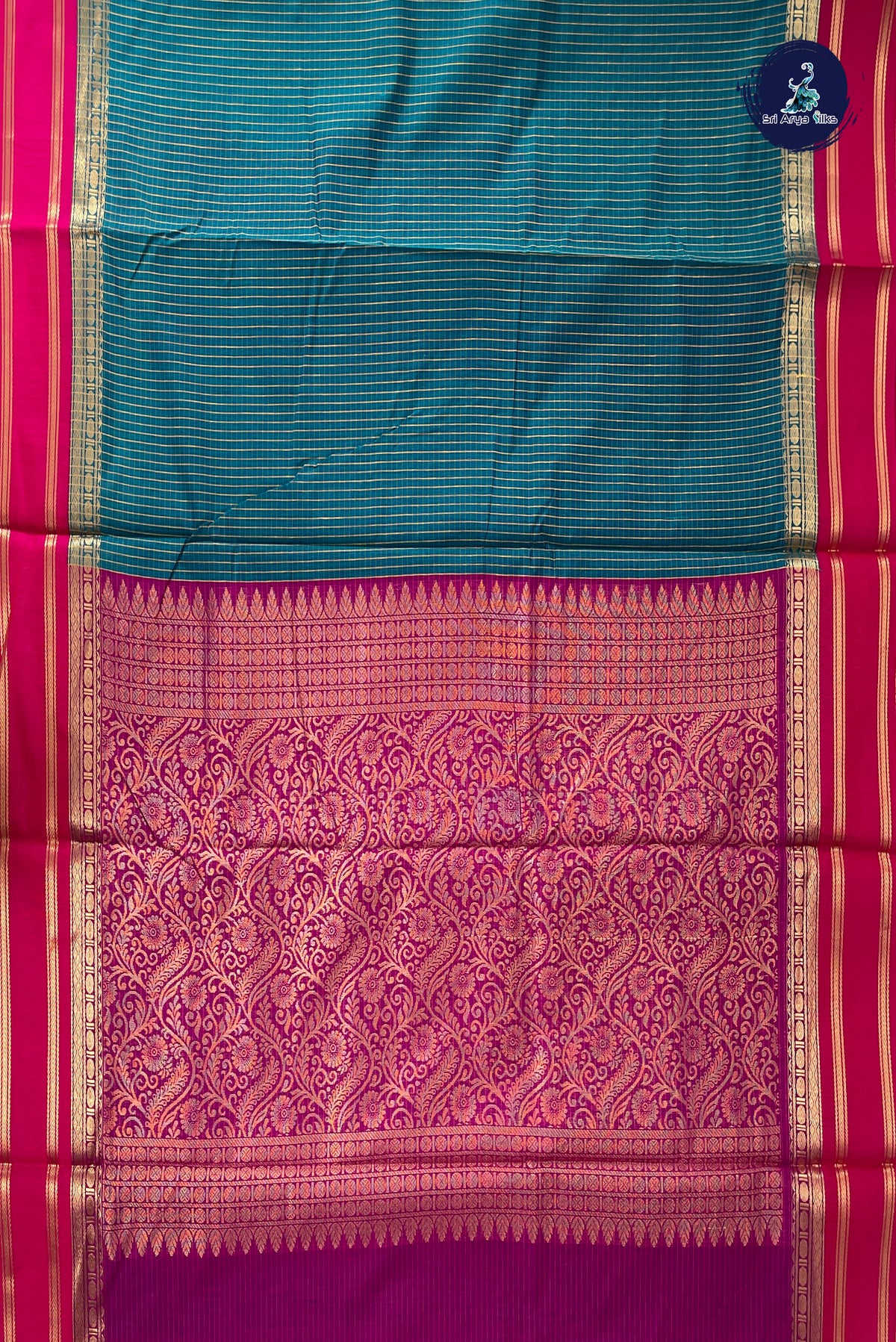 Sapphire Green Madisar Semi Silk Cotton Saree With Checked Pattern