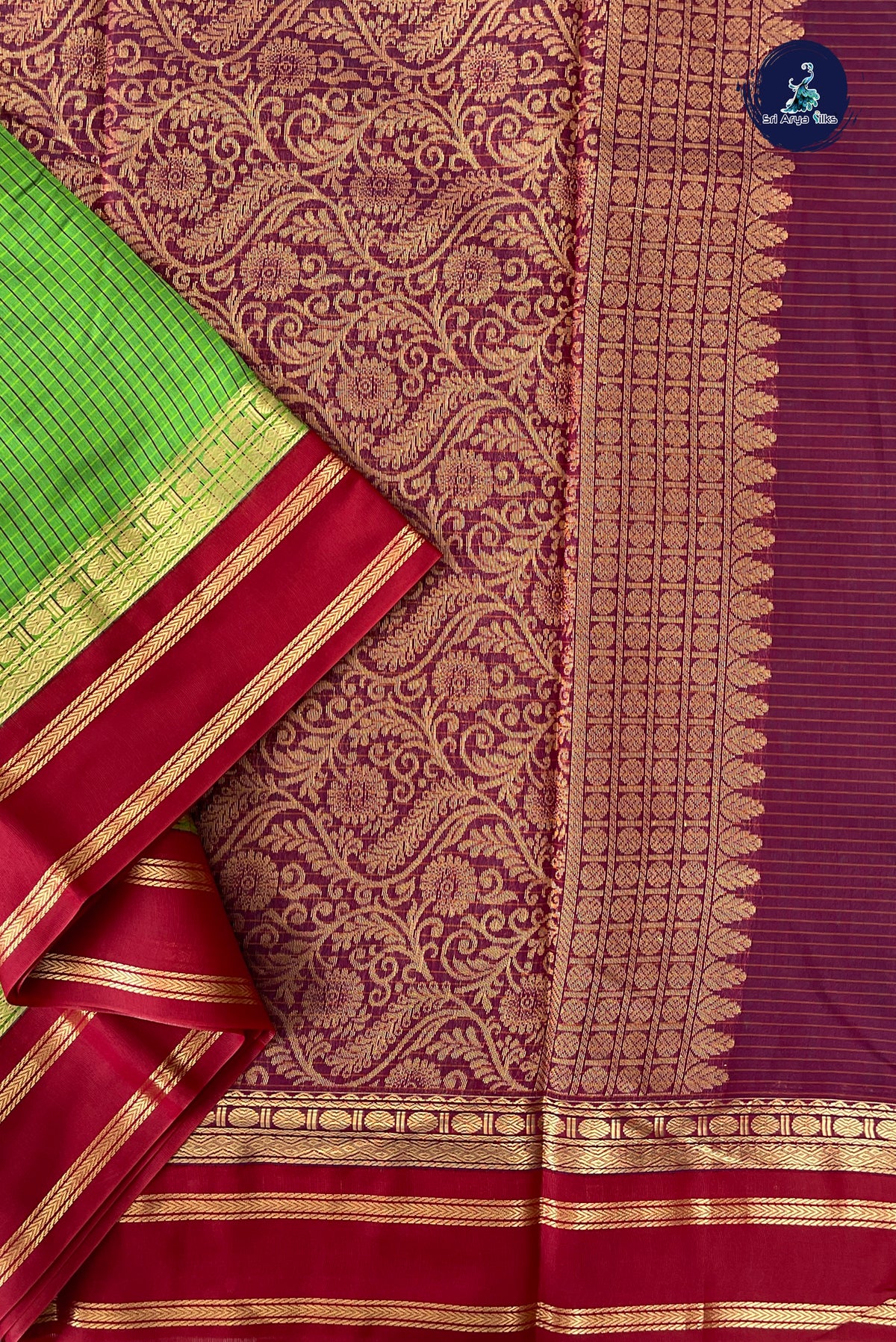 Green Madisar Semi Silk Cotton Saree With Checked Pattern