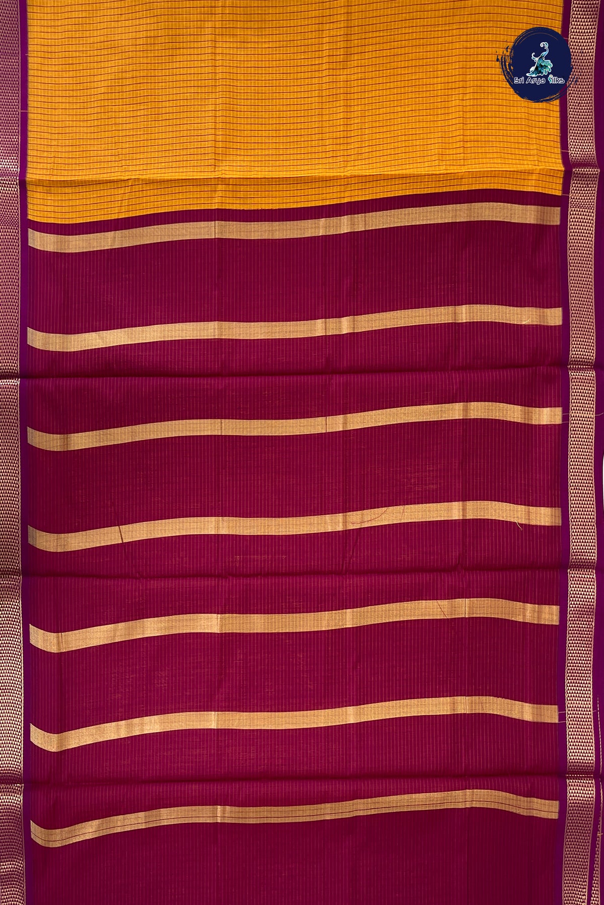 Mustard Yellow Madisar Semi Silk Cotton Saree With Checked Pattern