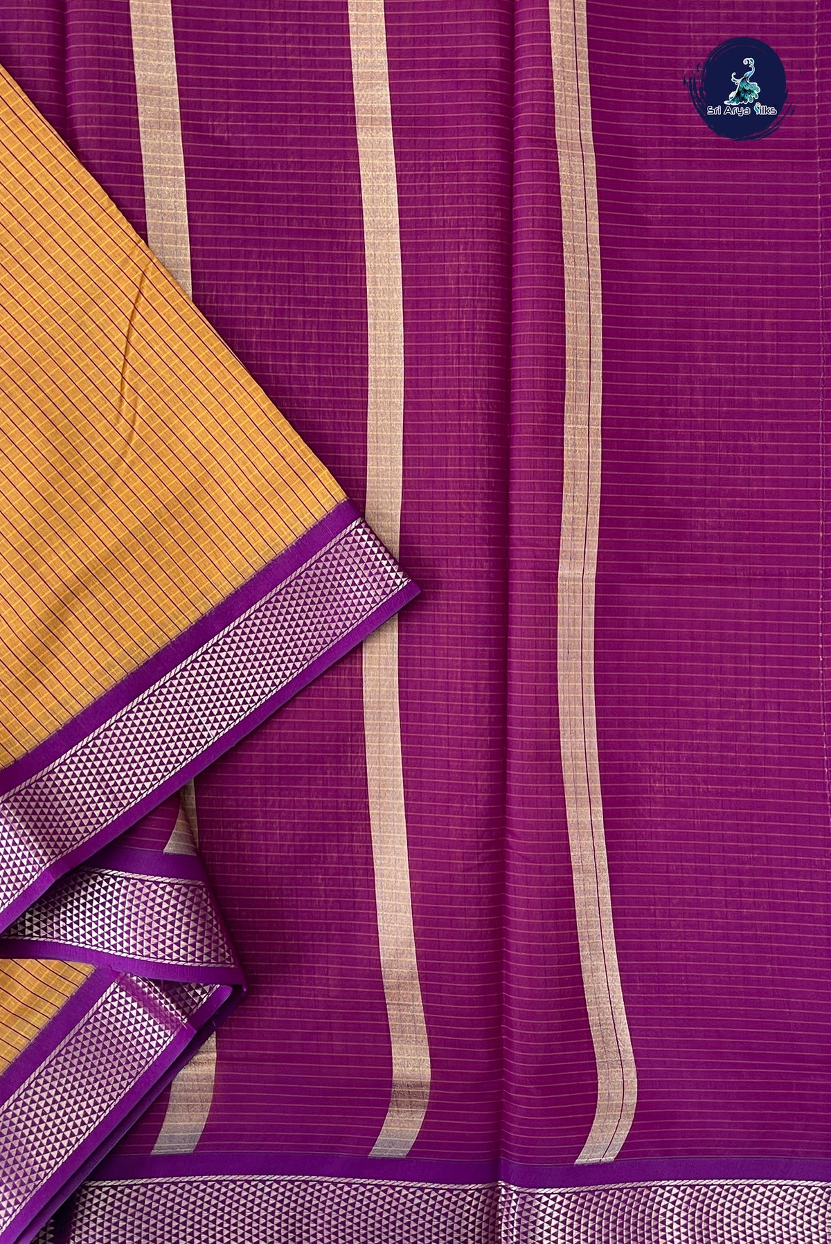 Mustard Yellow Madisar Semi Silk Cotton Saree With Checked Pattern