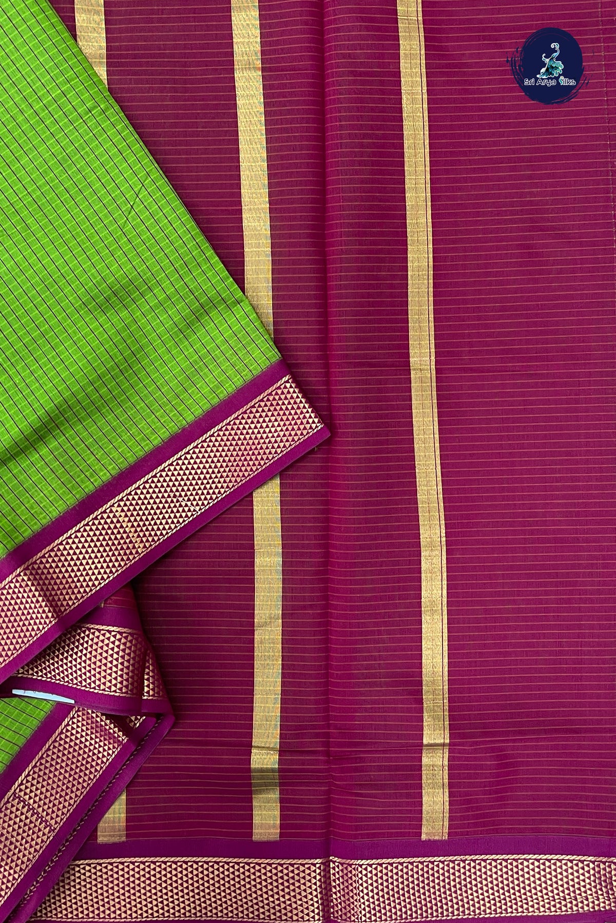 Parrot Green Madisar Semi Silk Cotton Saree With Checked Pattern