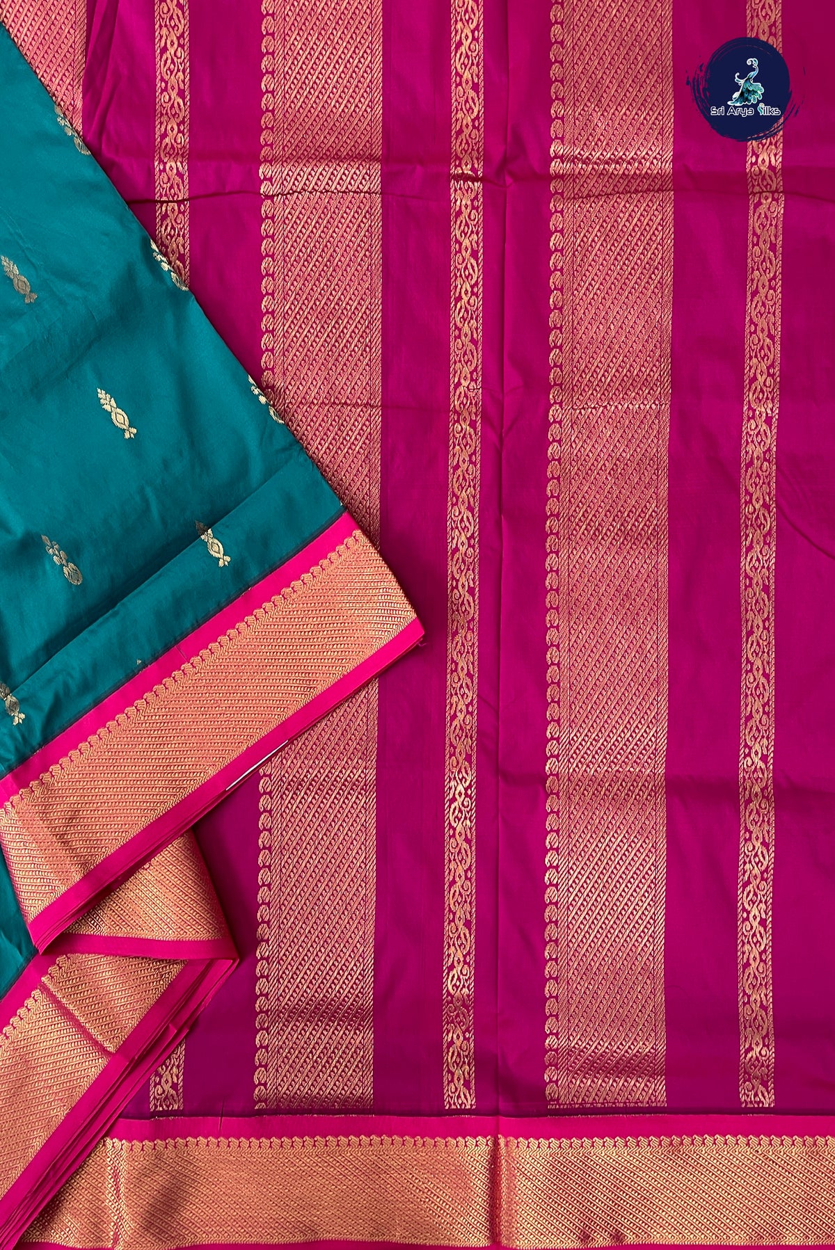 Teal Madisar Semi Silk Saree With Zari Buttas Pattern