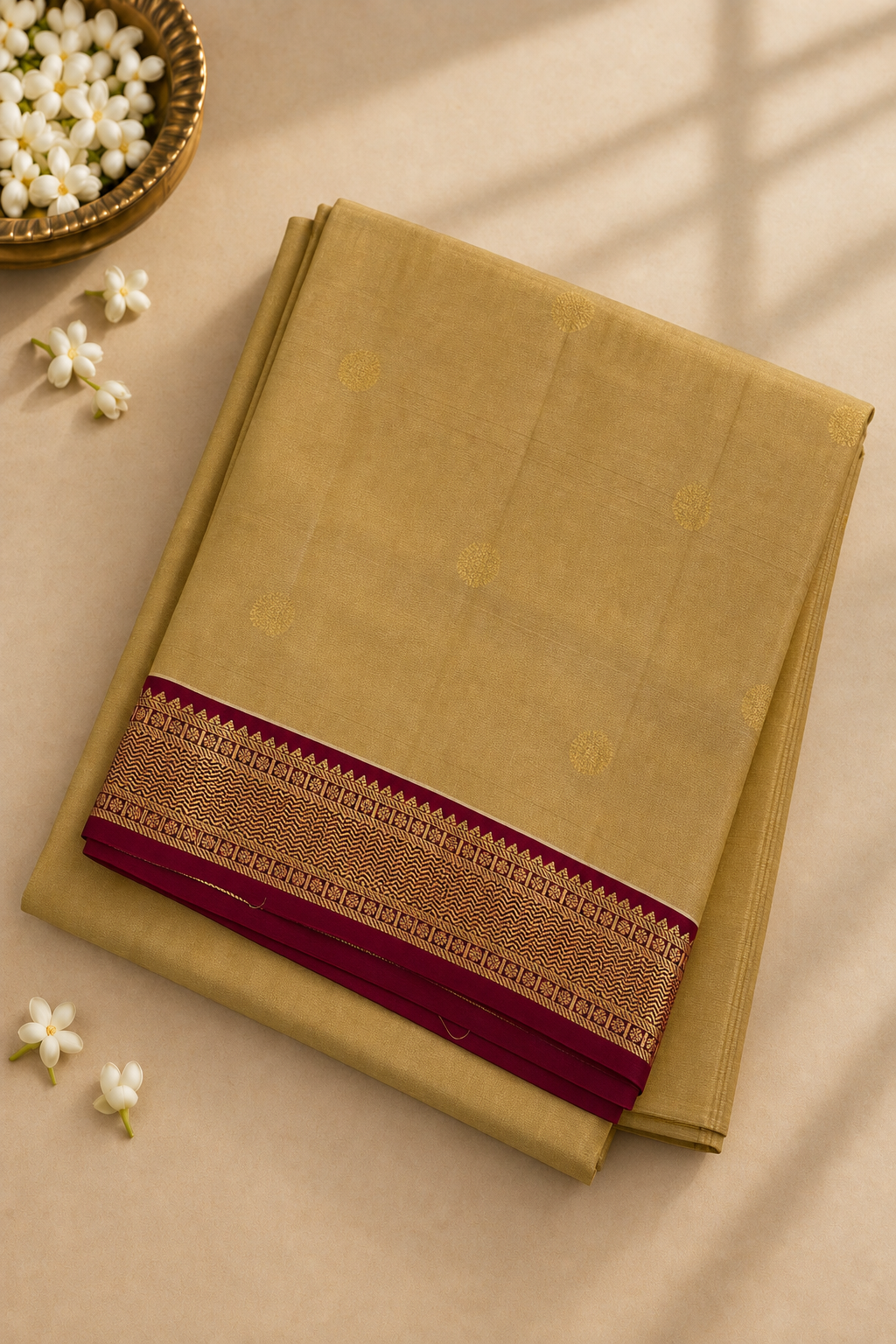 Beige Madisar 10 Yards Silk Saree With Zari Buttas Pattern