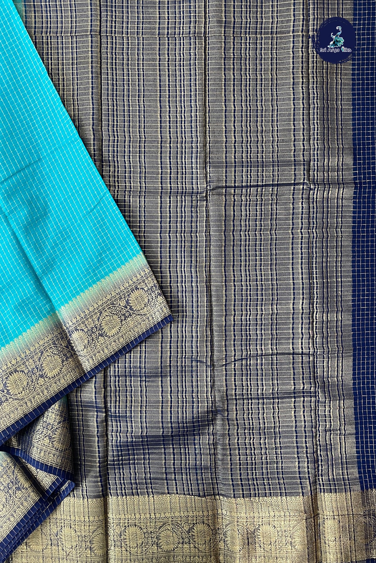 Light Blue Madisar Semi Silk Saree With Zari Checked Pattern