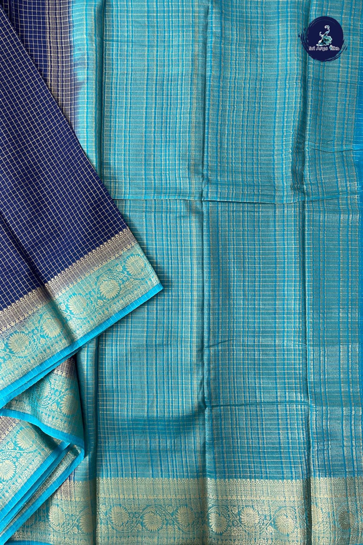 Dark Blue Madisar Semi Silk Saree With Zari Checked Pattern