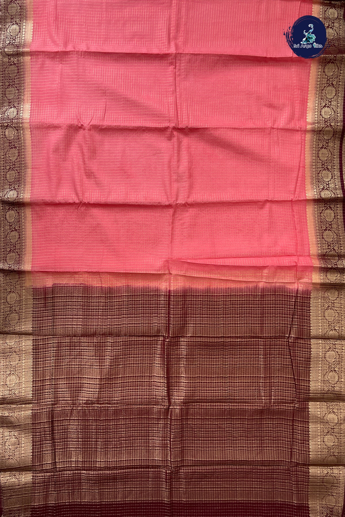 Caramel Pink Madisar Semi Silk Saree With Zari Checked Pattern