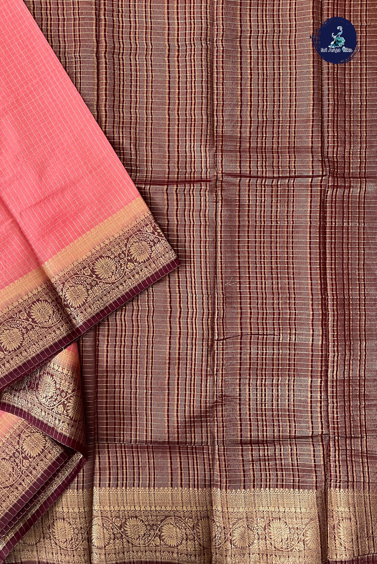 Caramel Pink Madisar Semi Silk Saree With Zari Checked Pattern