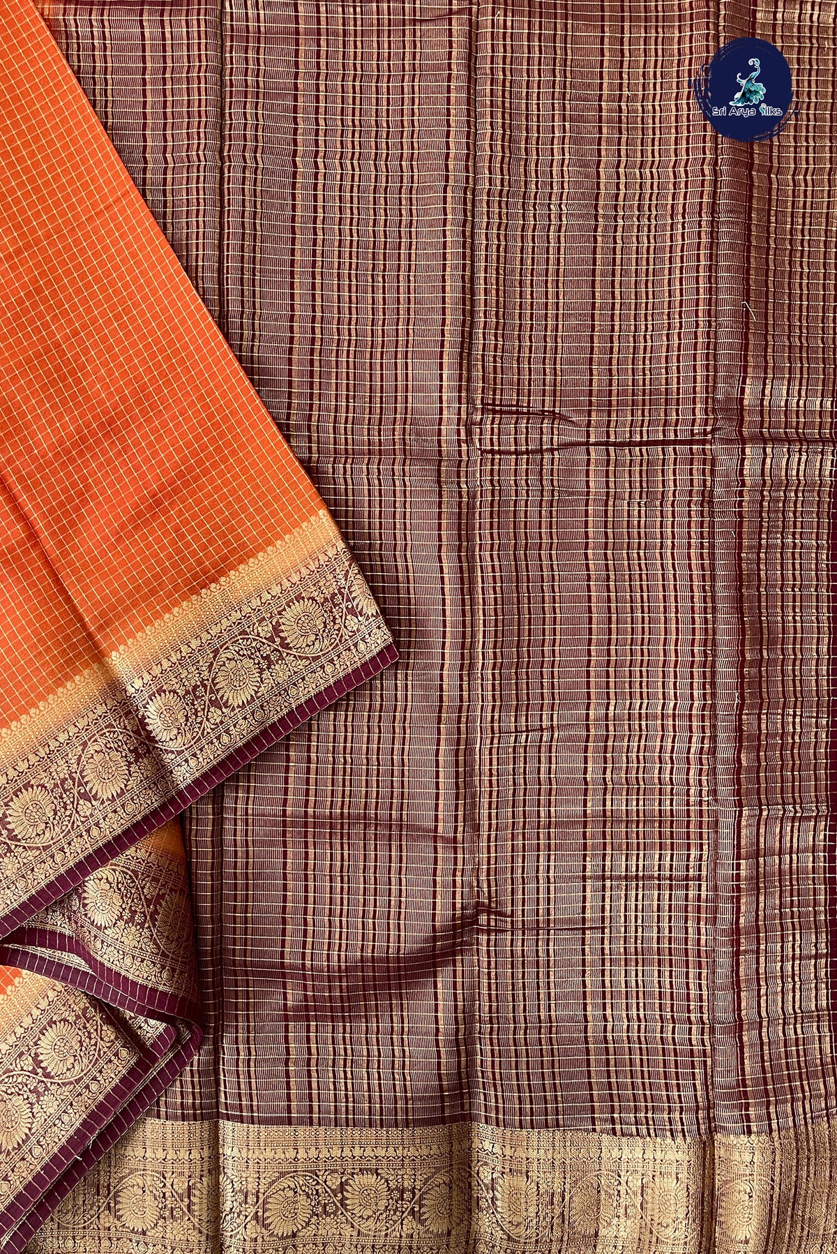 Rust Madisar Semi Silk Saree With Zari Checked Pattern