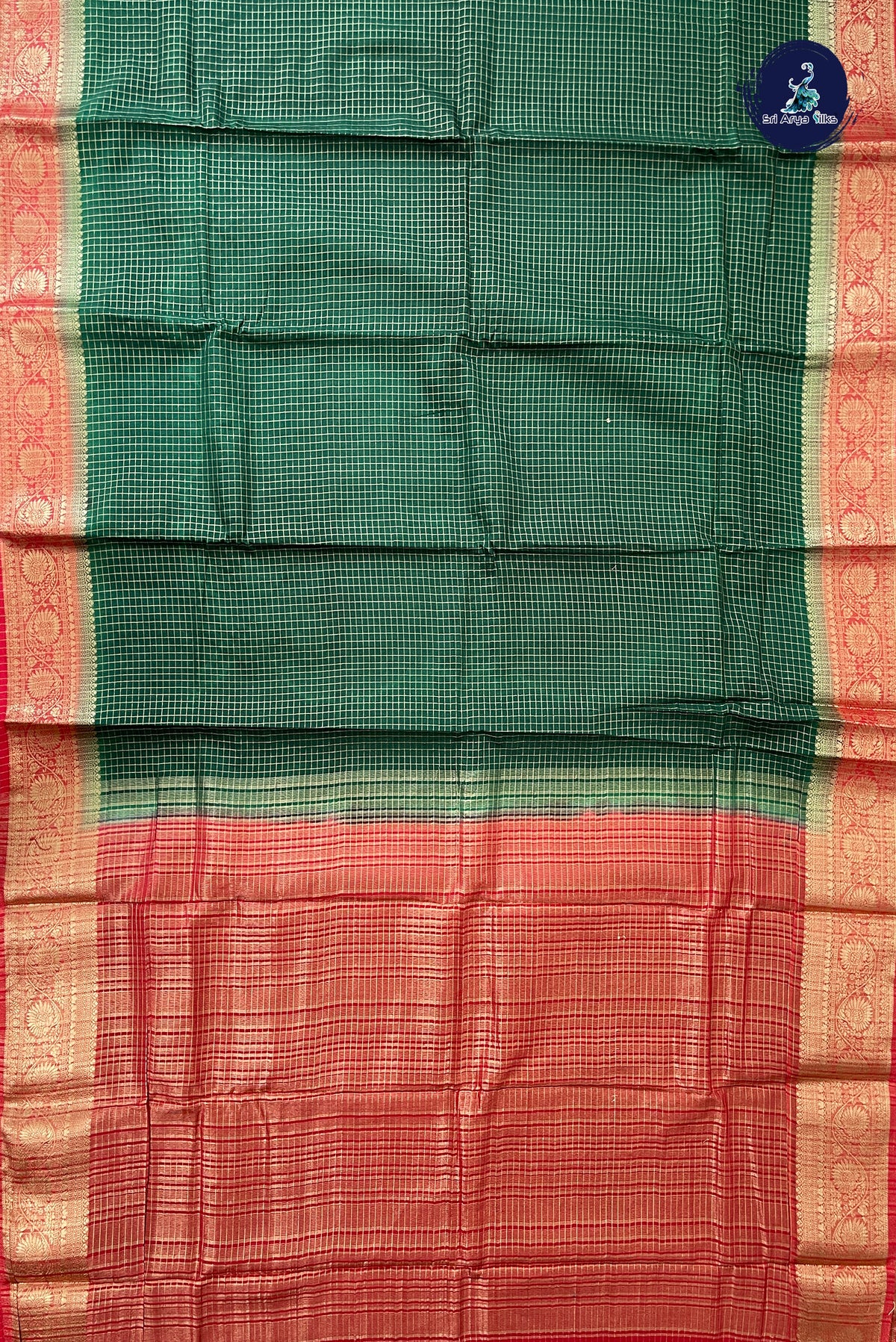 Dark Green Madisar Semi Silk Saree With Zari Checked Pattern
