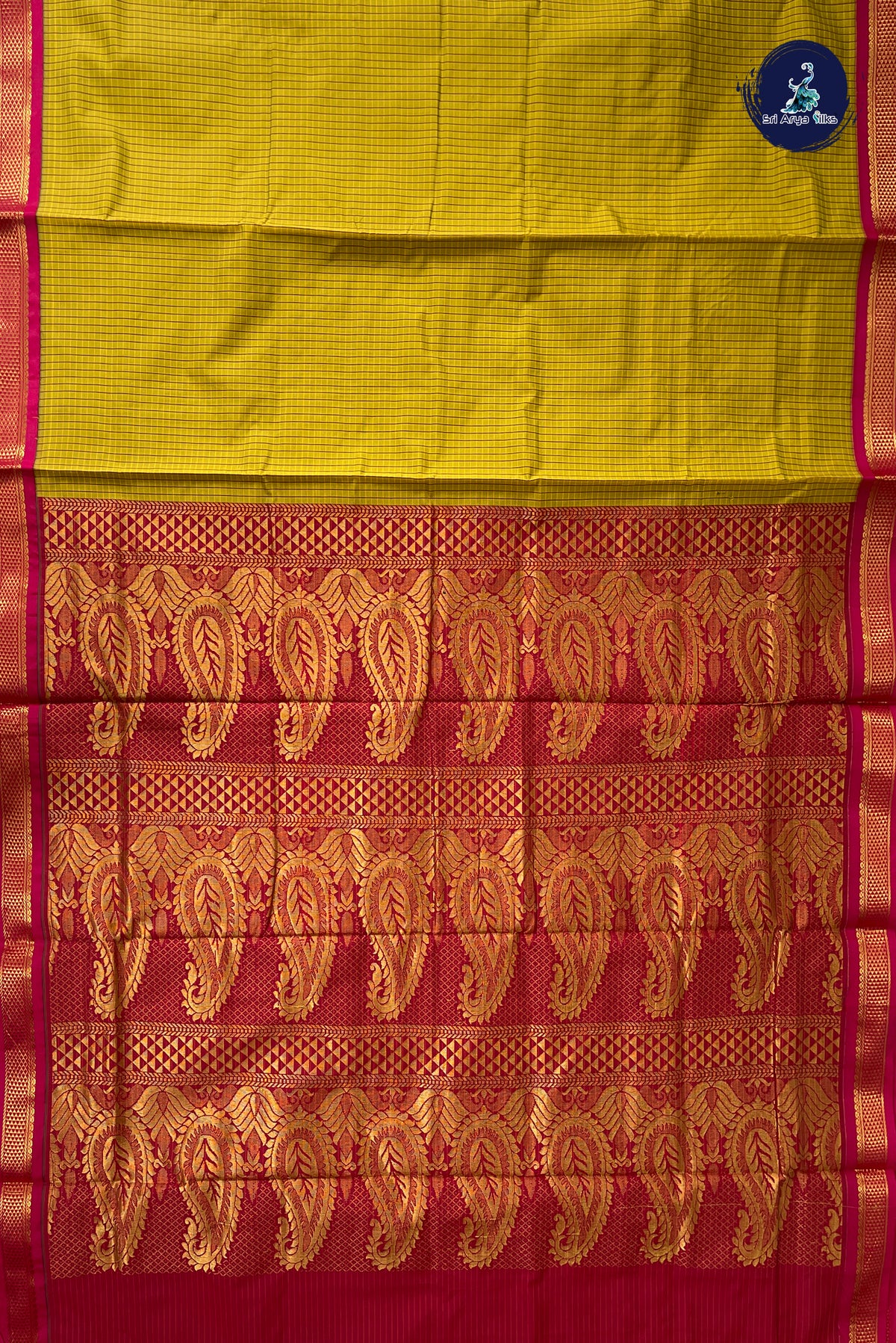 Yellowish Green Madisar Semi Silk Saree With Checked Pattern