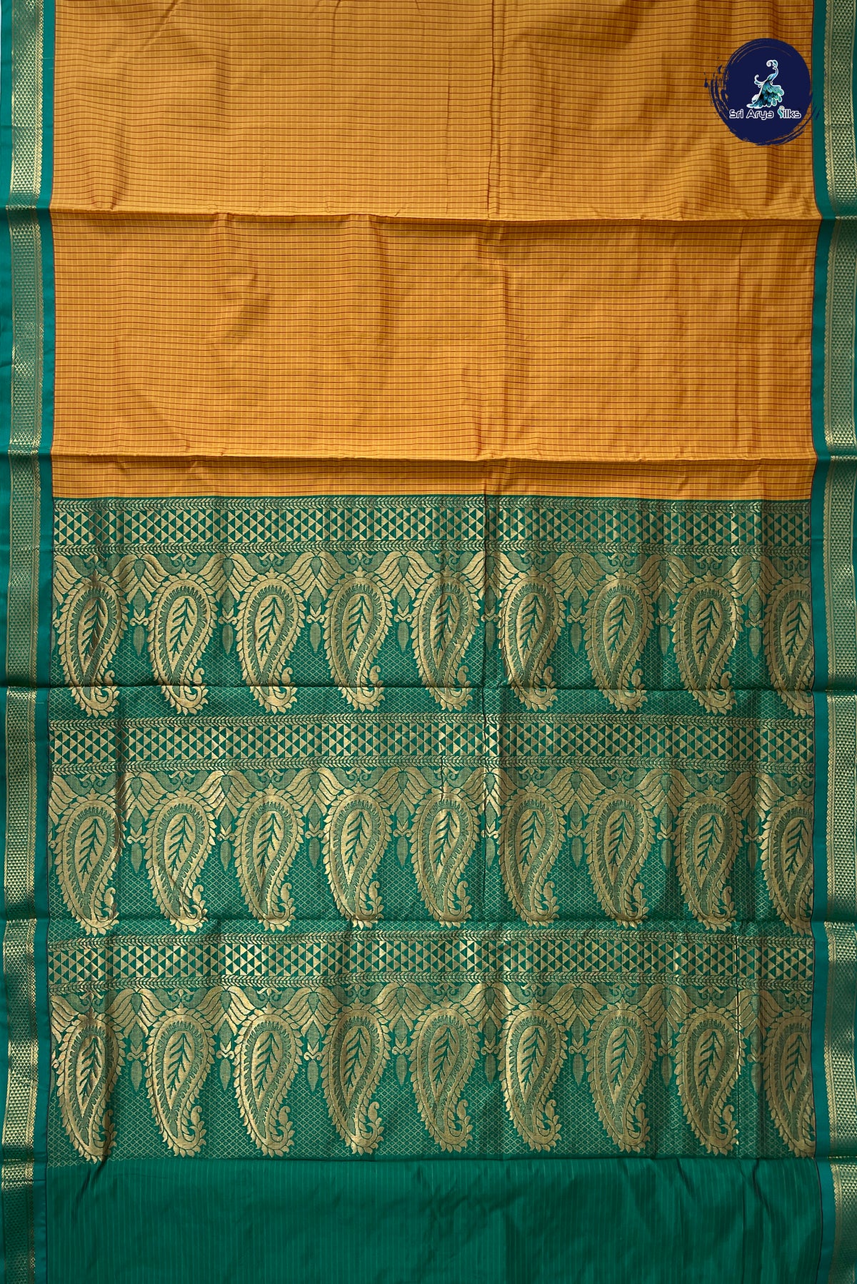 Mustard Yellow Madisar Semi Silk Saree With Checked Pattern