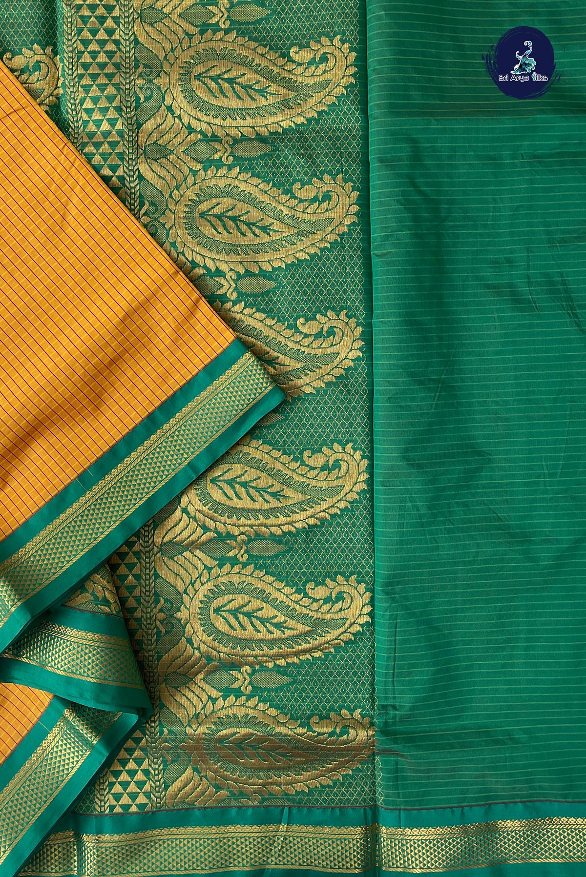 Mustard Yellow Madisar Semi Silk Saree With Checked Pattern
