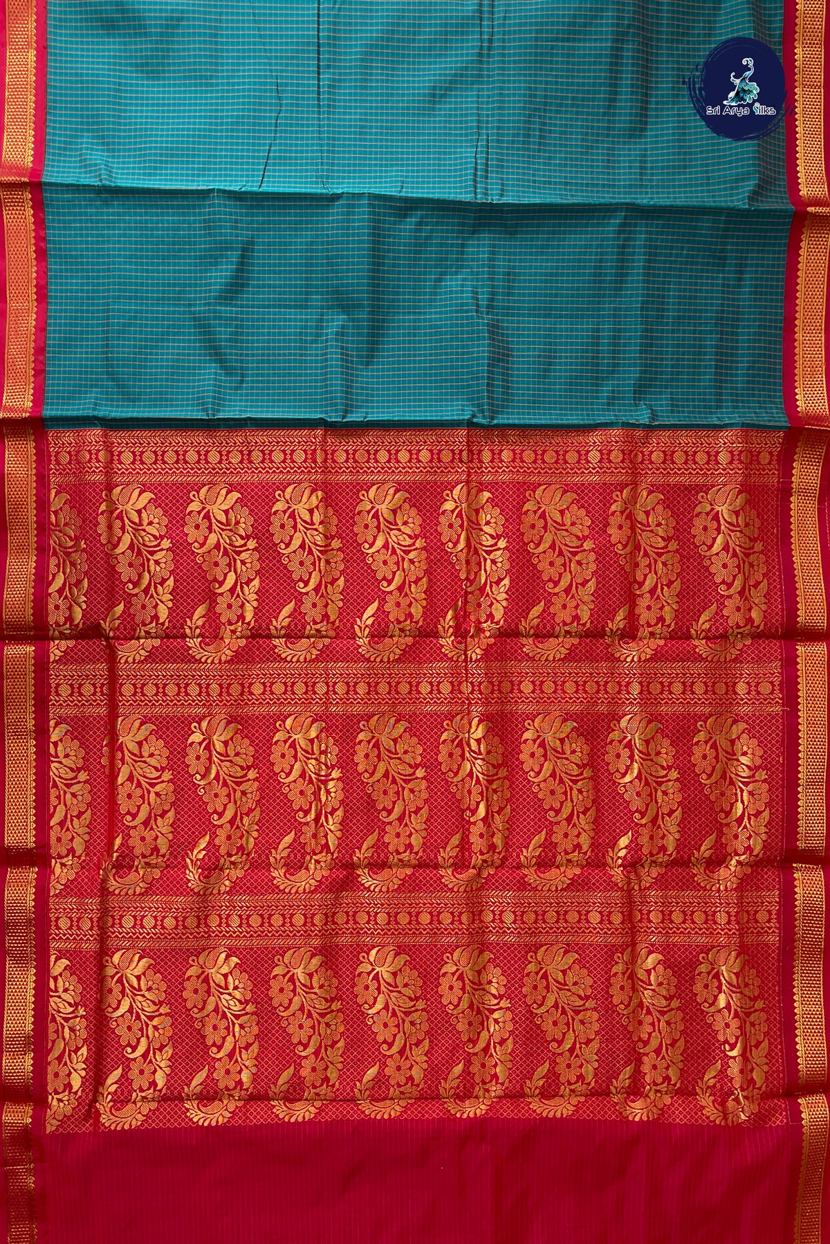Sapphire Green Madisar Semi Silk Saree With Checked Pattern