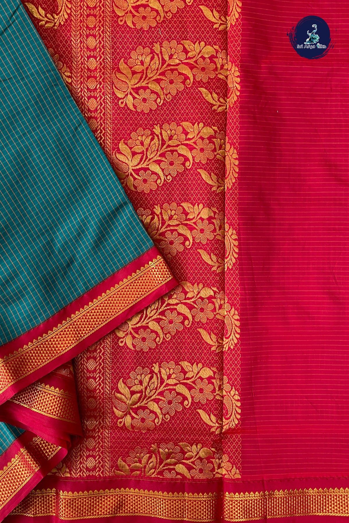Sapphire Green Madisar Semi Silk Saree With Checked Pattern