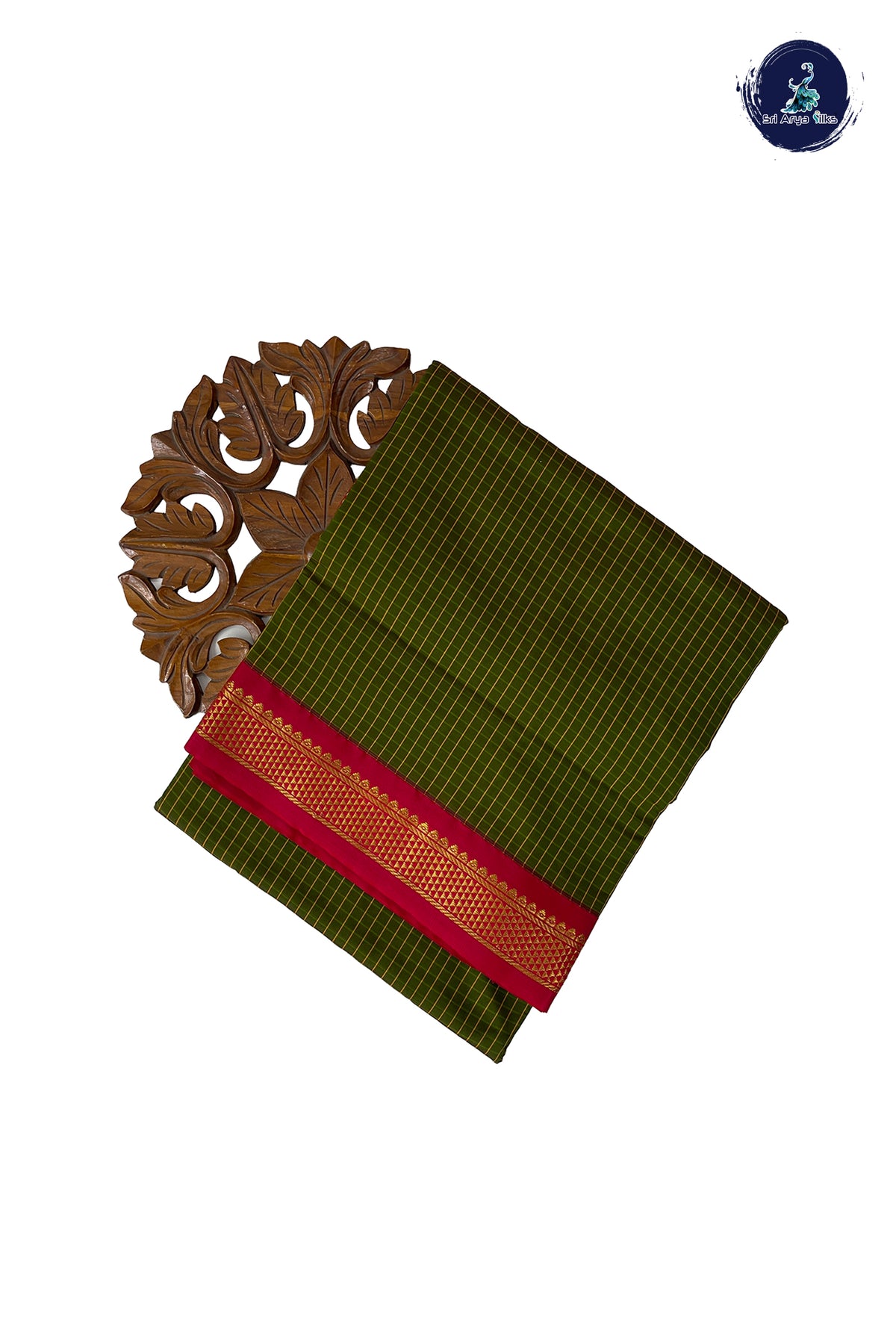 Olive Green Madisar Semi Silk Saree With Checked Pattern