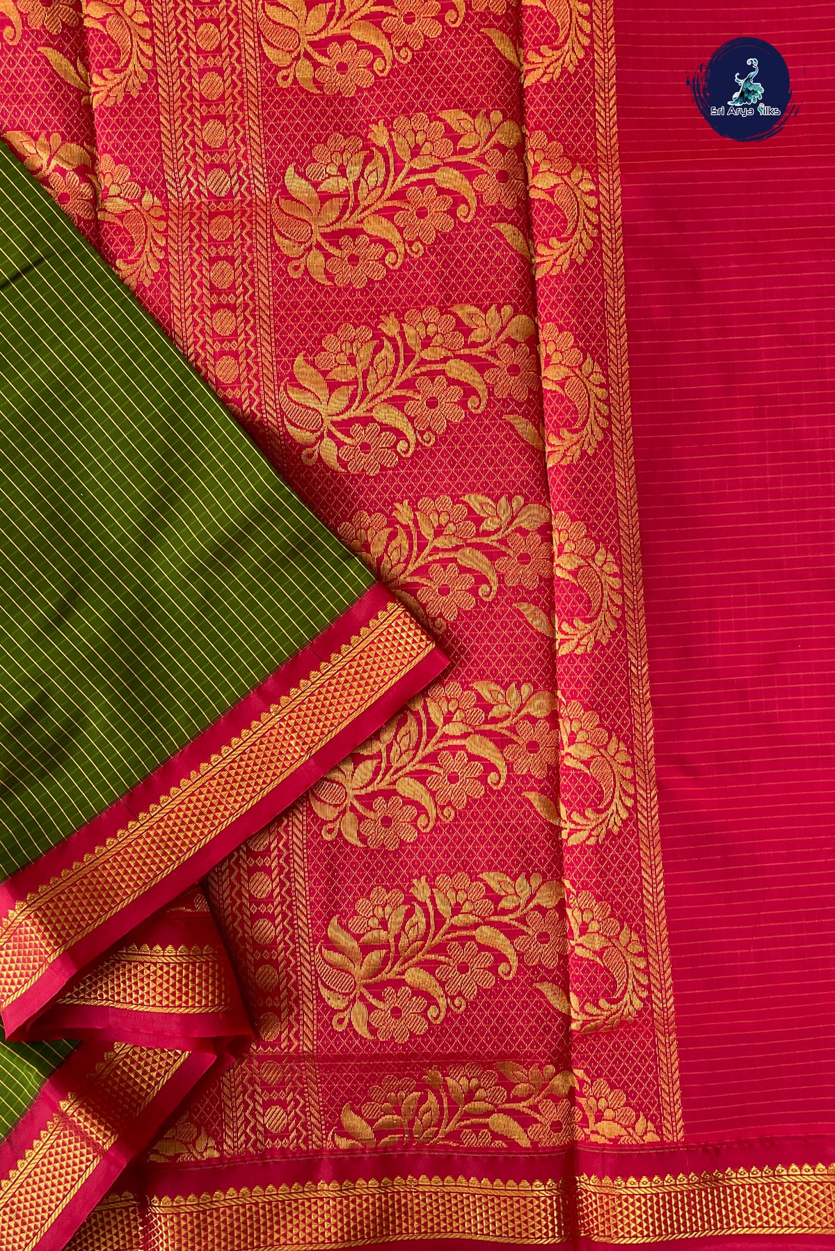 Olive Green Madisar Semi Silk Saree With Checked Pattern