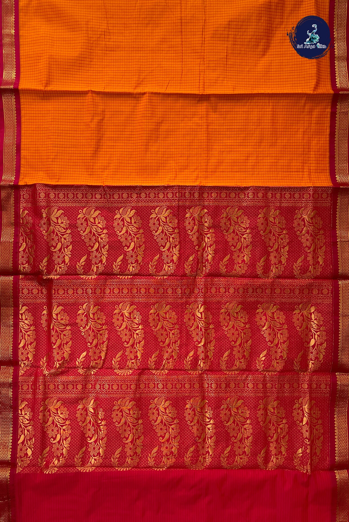 Orange Madisar Semi Silk Saree With Checked Pattern