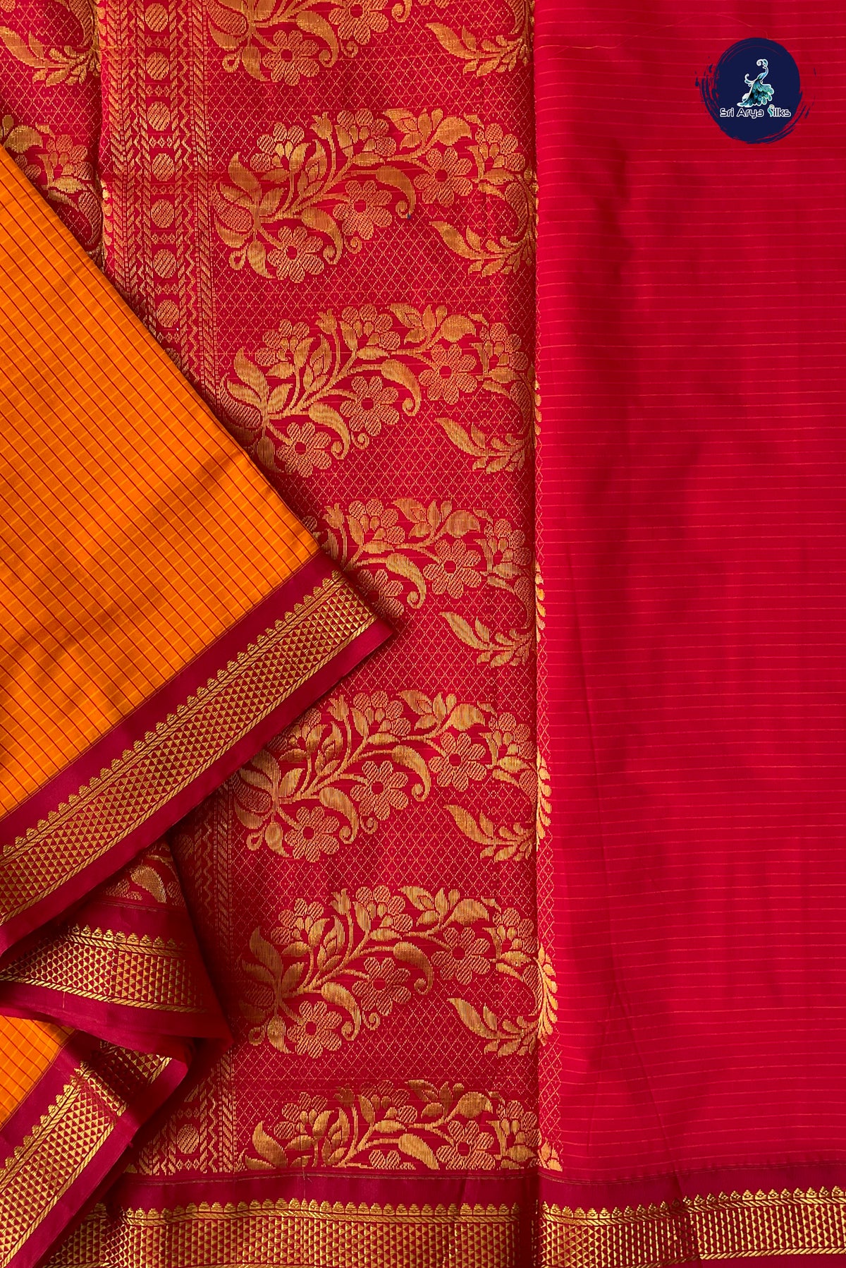 Orange Madisar Semi Silk Saree With Checked Pattern