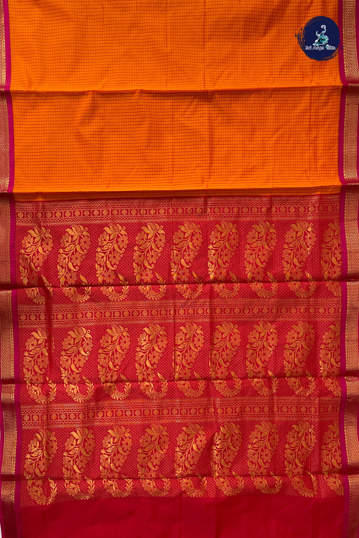 Orange Madisar Semi Silk Saree With Checked Pattern