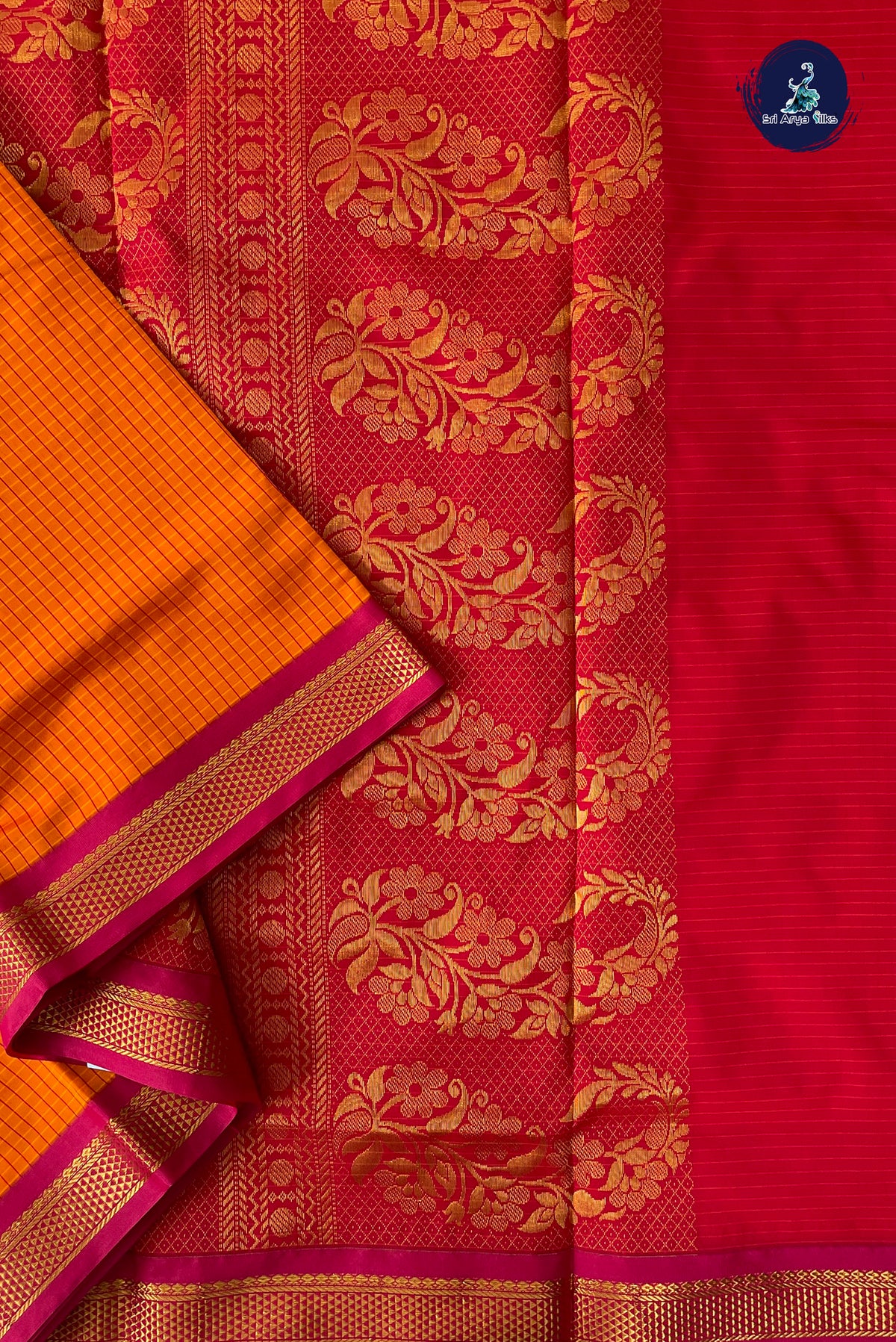 Orange Madisar Semi Silk Saree With Checked Pattern