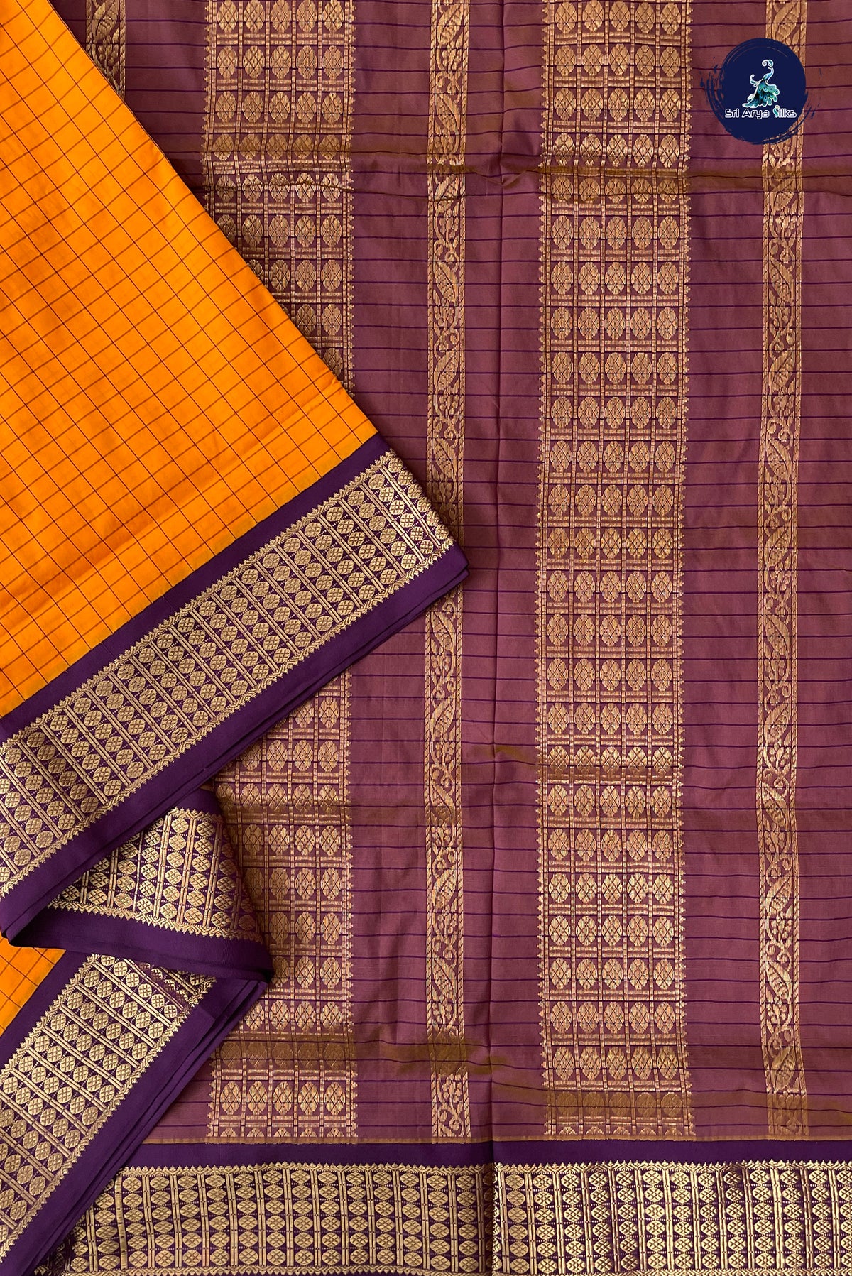 Orange Madisar Semi Silk Saree With Checked Pattern