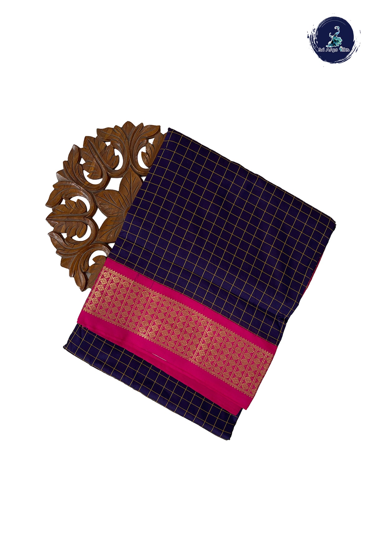 Dark Blue Madisar Semi Silk Saree With Checked Pattern