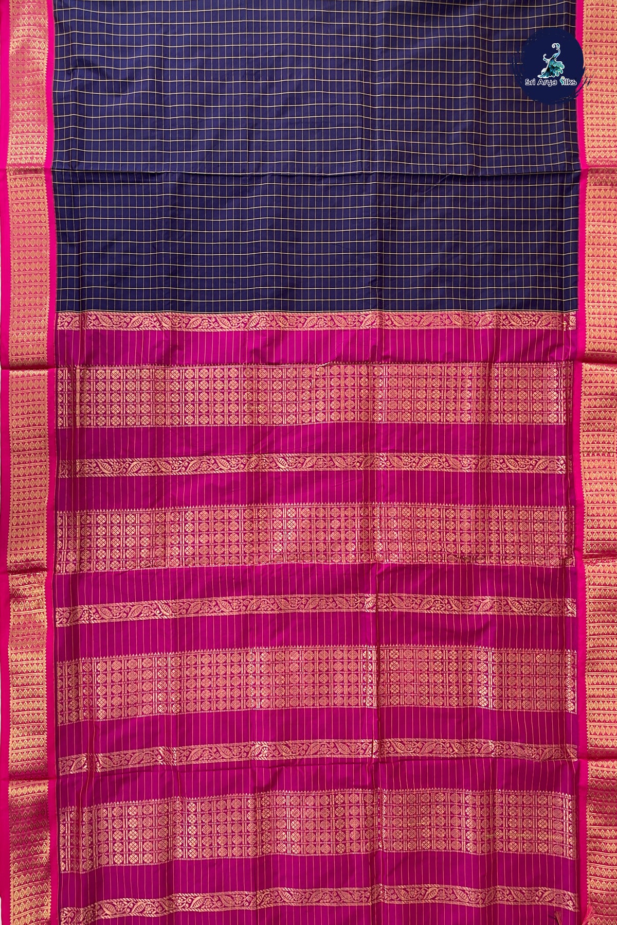 Dark Blue Madisar Semi Silk Saree With Checked Pattern