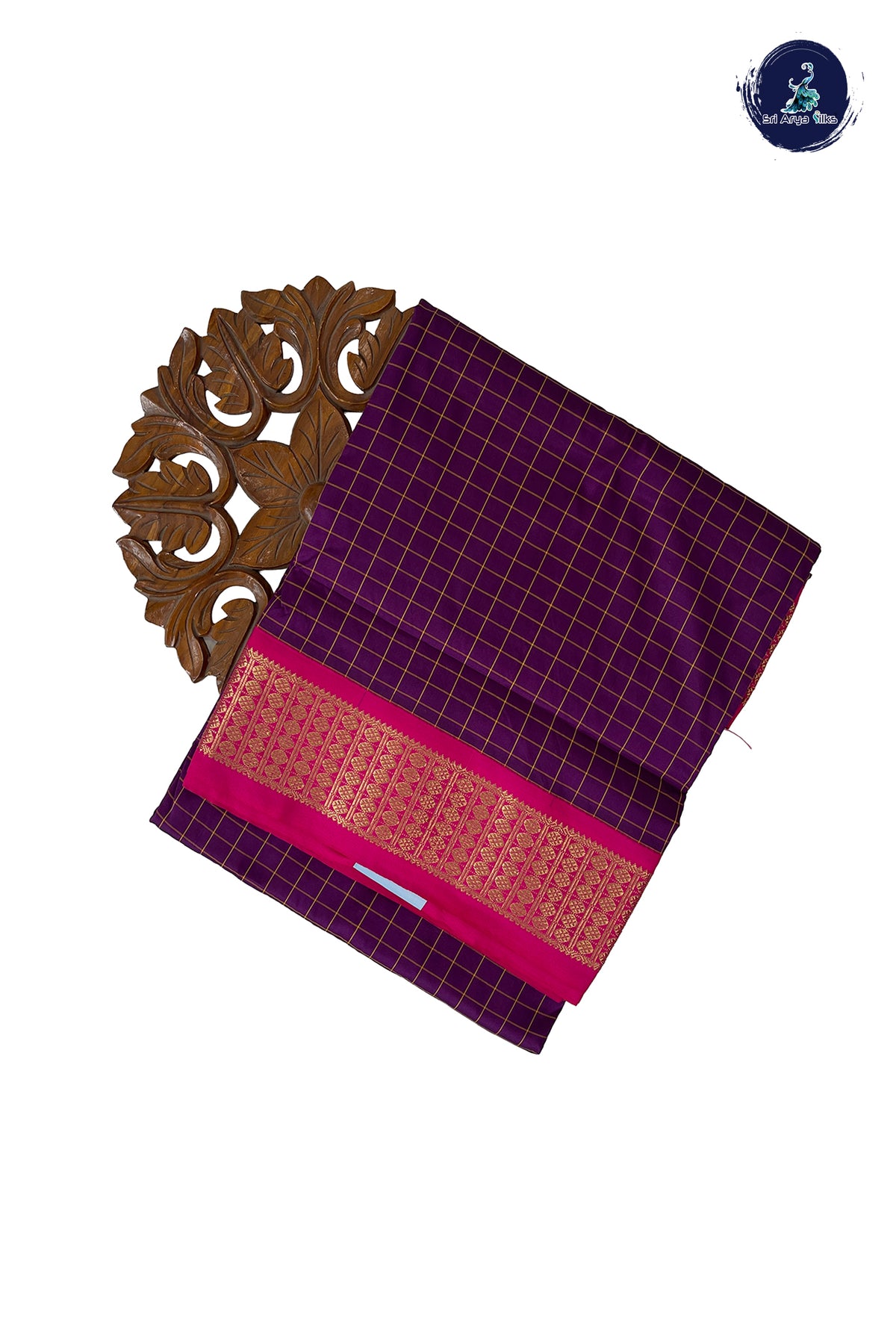 Dark Plum Madisar Semi Silk Saree With Checked Pattern