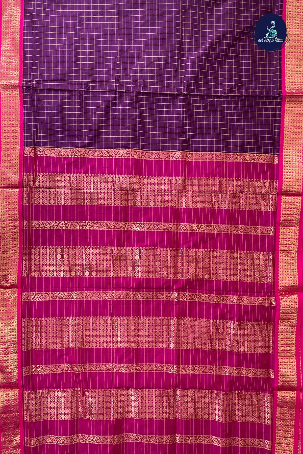 Dark Plum Madisar Semi Silk Saree With Checked Pattern