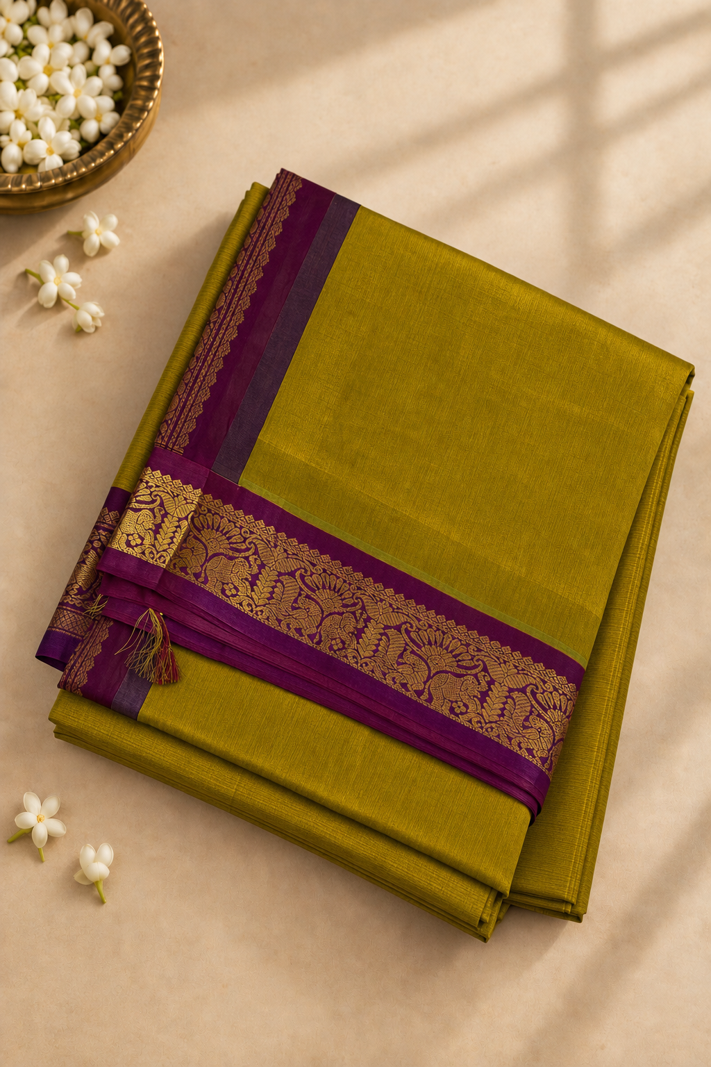 Golden Mustard Madisar Silk Cotton Saree With Plain Pattern