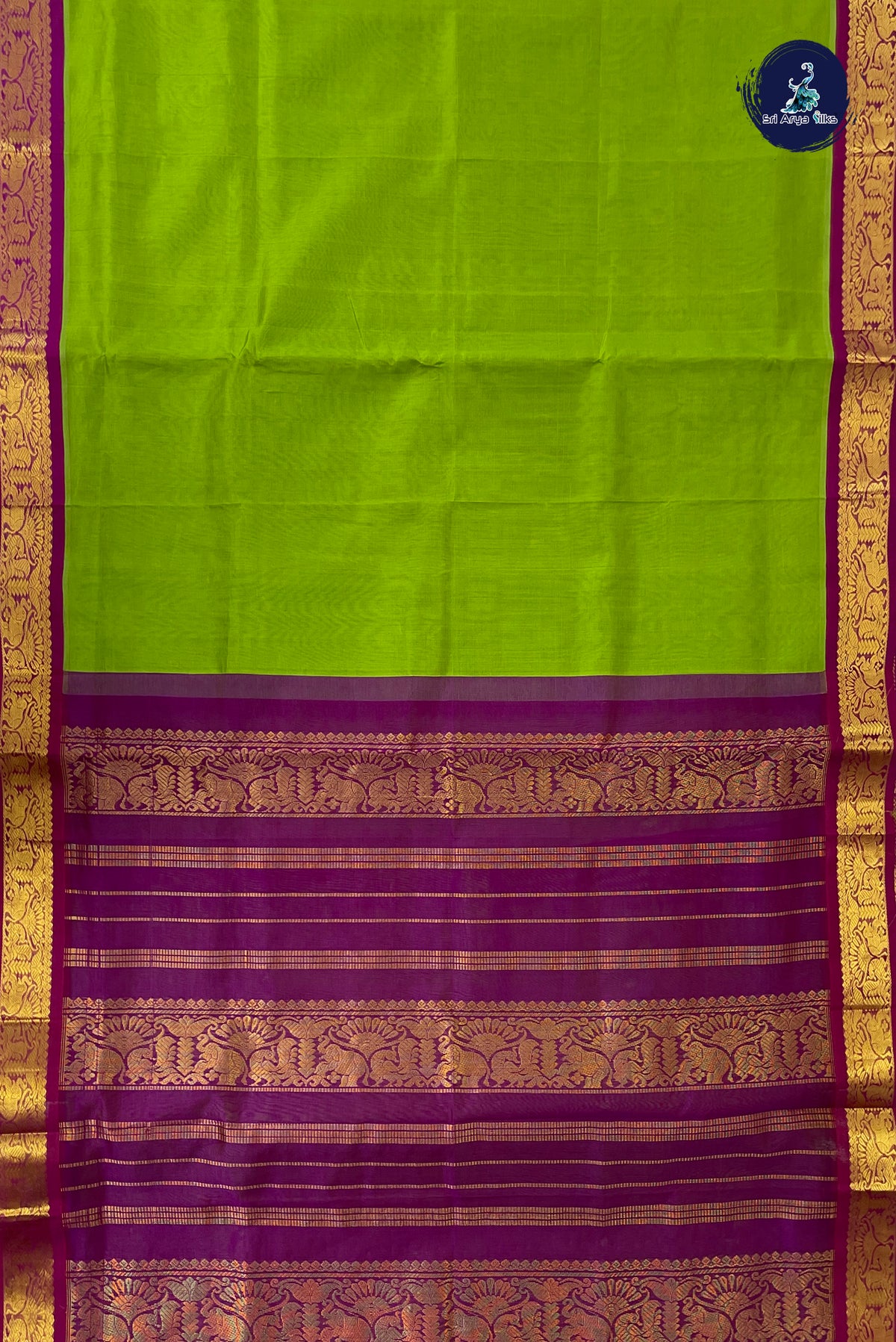 Lime Green Madisar Silk Cotton Saree With Plain Pattern