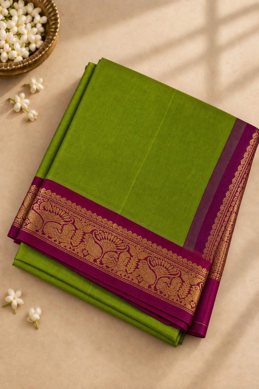 Lime Green Madisar Silk Cotton Saree With Plain Pattern